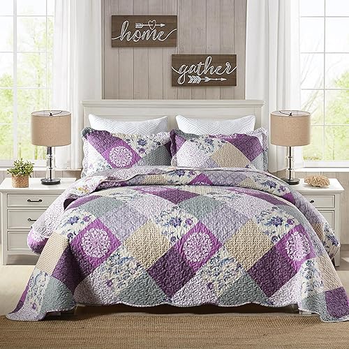 Miniatura 10 de HoneiLife - Juego de cama de dos piezas, tamaño individual, de microfibra, reversible, de retazos, estilo floral, para todas las estaciones, Mocha