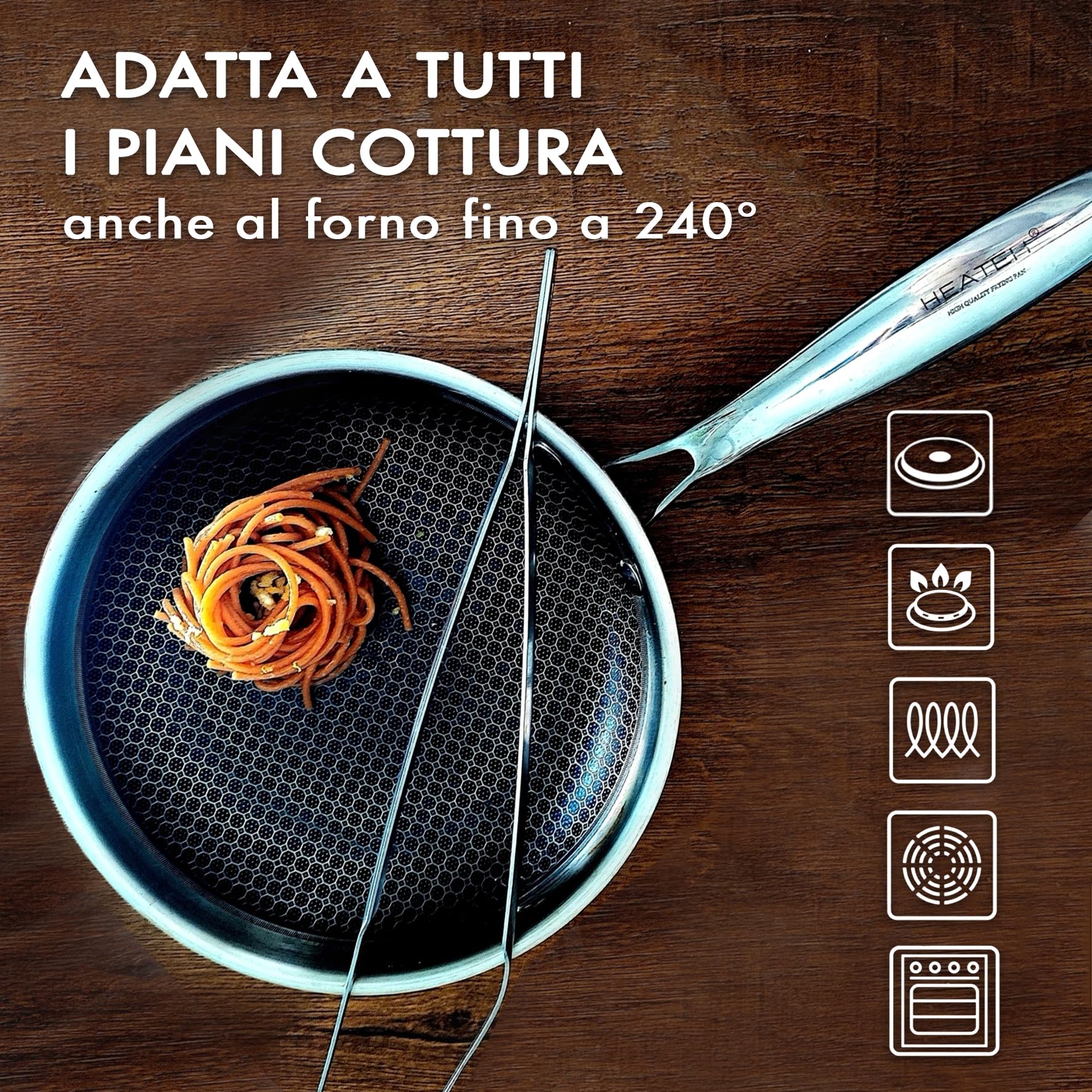 Set di 3 Padelle + Wok | Padella Antiaderente in Acciaio Inox Triplo Strato con Coperchio in Vetro | Antiaderente e Antigraffio | Adatta a tutti i Piani Cottura (HEATEK SET)