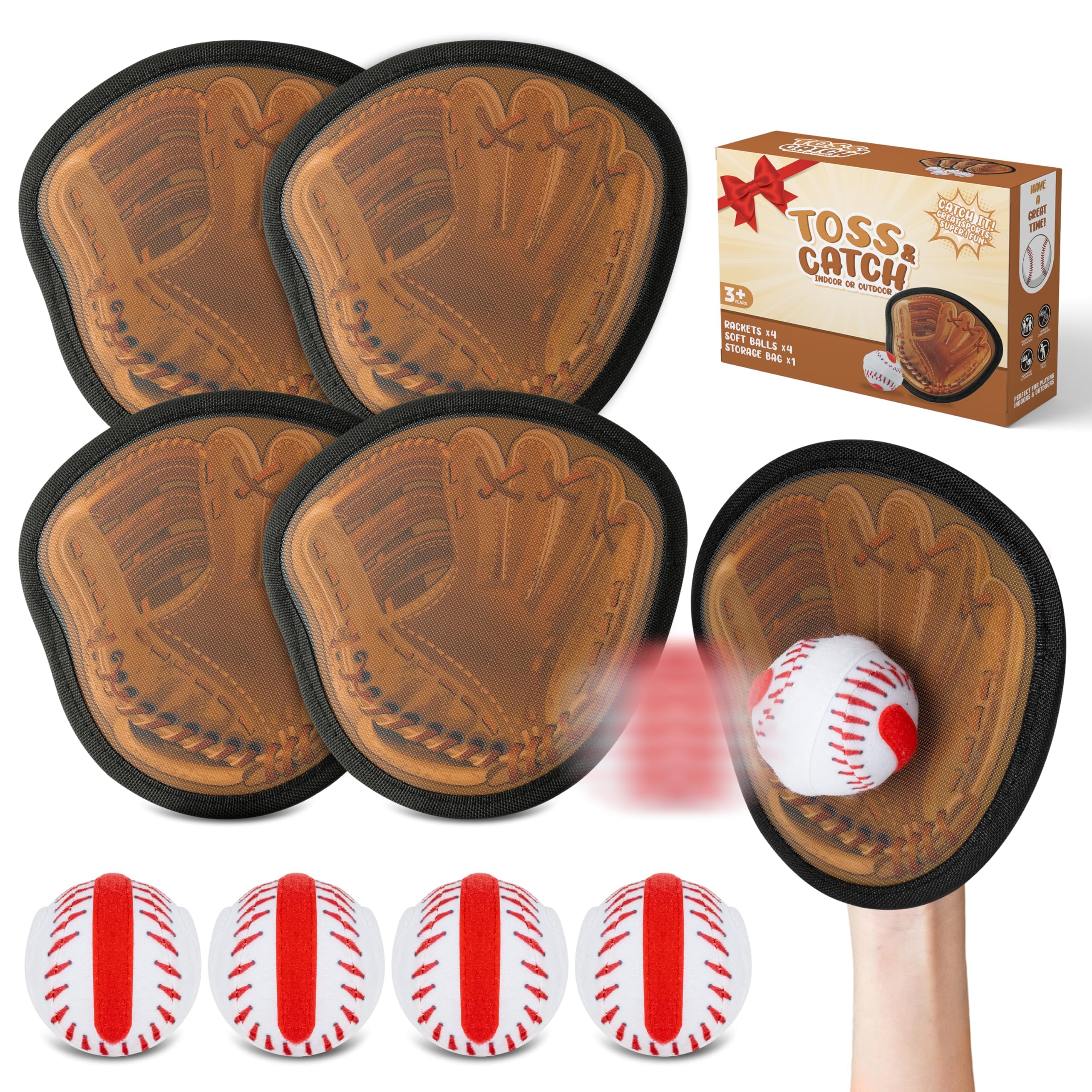 GKgyeus Toss and Catch Ball Game Set for Kids - 4Packs Sticky Baseball Glove GameTraining Glove & Catch Ball Toy Outdoor Beach Pool Sport Toys for Boys Girls Baseball Beginner Birthday Summer