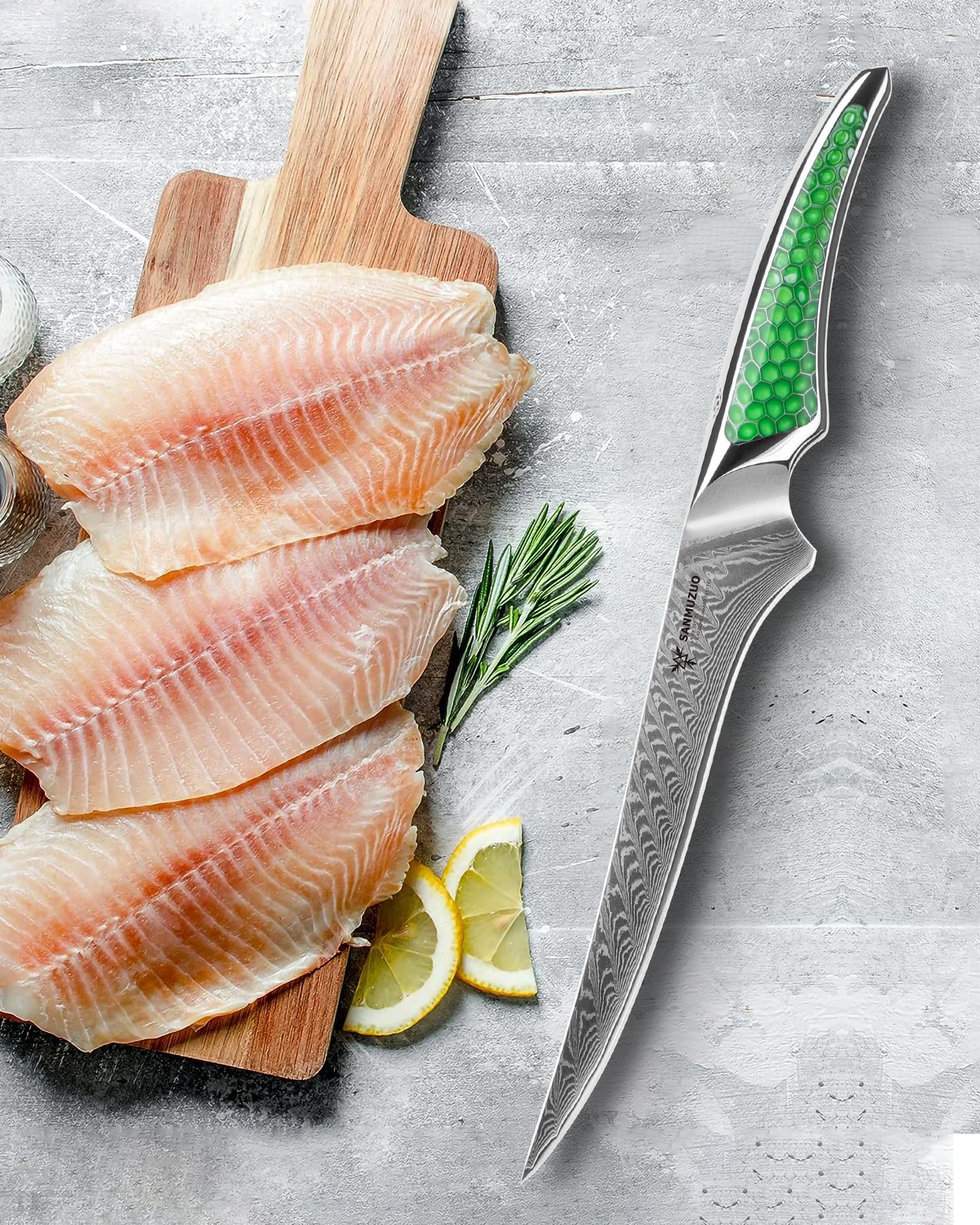 Cuchillo para filetear de 18cm, cuchillo japonés para pescado de cocina de acero damasco VG-10, cuchillo para deshuesar ultra afilado con mango de espiga completa en resina verde, serie LA-S9