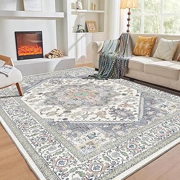 OPPODREAM Soft Area Rugs 9x12 Living Room, Washable Rugs 9x12 with Non Slip Backing, Faux Cashmere Low-Pile 9 x 12 Carpet, Purple & Green & Cream