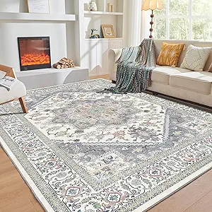 OPPODREAM Soft Area Rugs 3x5, Washable Rugs with Non Slip Backing, Low-Pile Throw 3x5 Carpet, Faux Cashmere 3 x 5 Carpet, Purple & Green & Cream