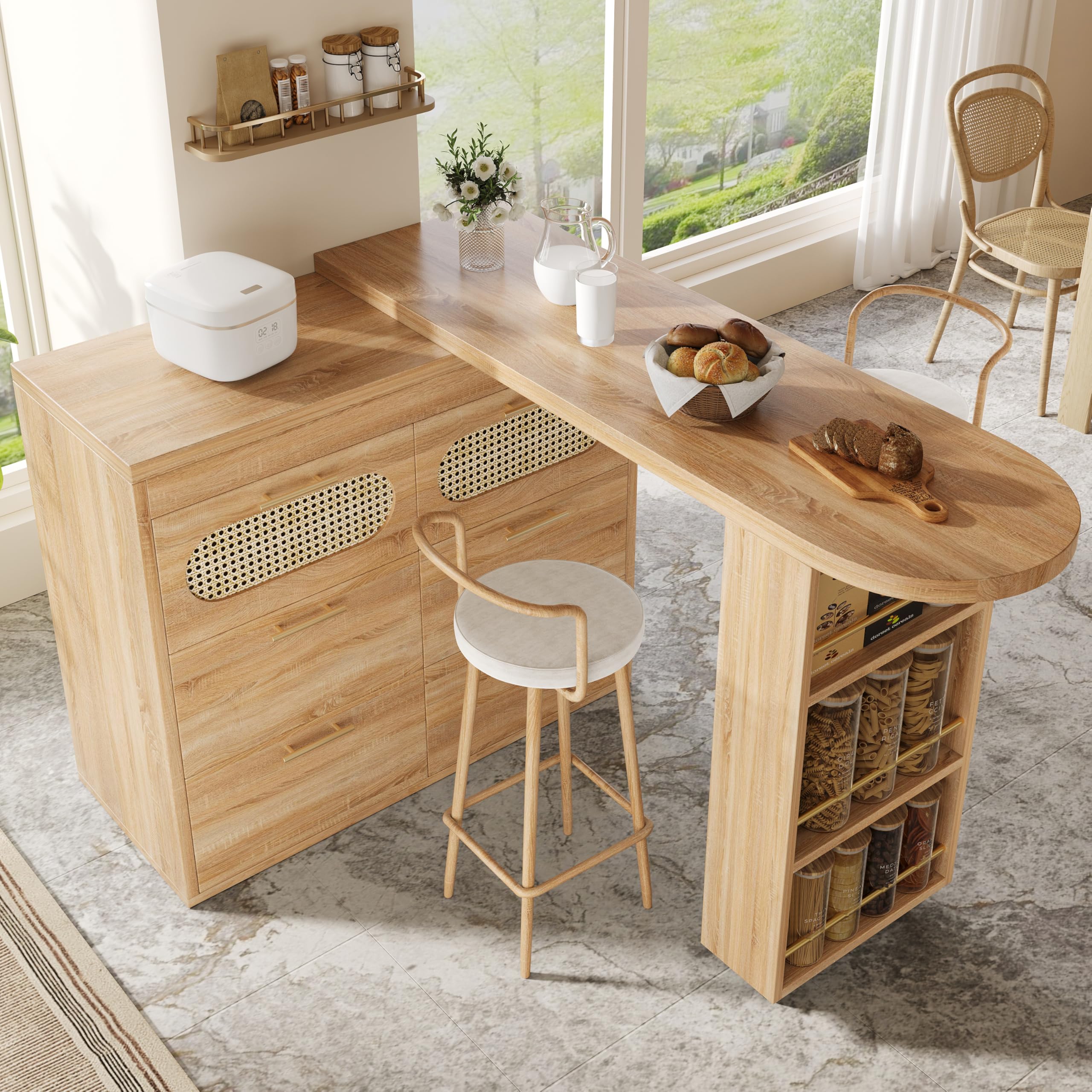 Sapgaks Îlot de Cuisine rotative à 360°,Porte en rotin PE et poignée en métal,Table de Bar avec 6 tiroirs,Equipé d'un Dispositif Anti-basculement,Aux Salon et Cuisine,Naturelle