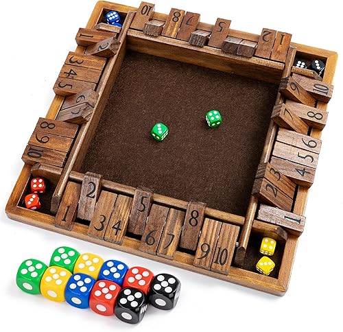 ropoda Juego de mesa de dados de 4 vías Shut The Box de 12 pulgadas (2-4 jugadores) para niños y adultos Juego de mesa de madera grande de 4 caras,