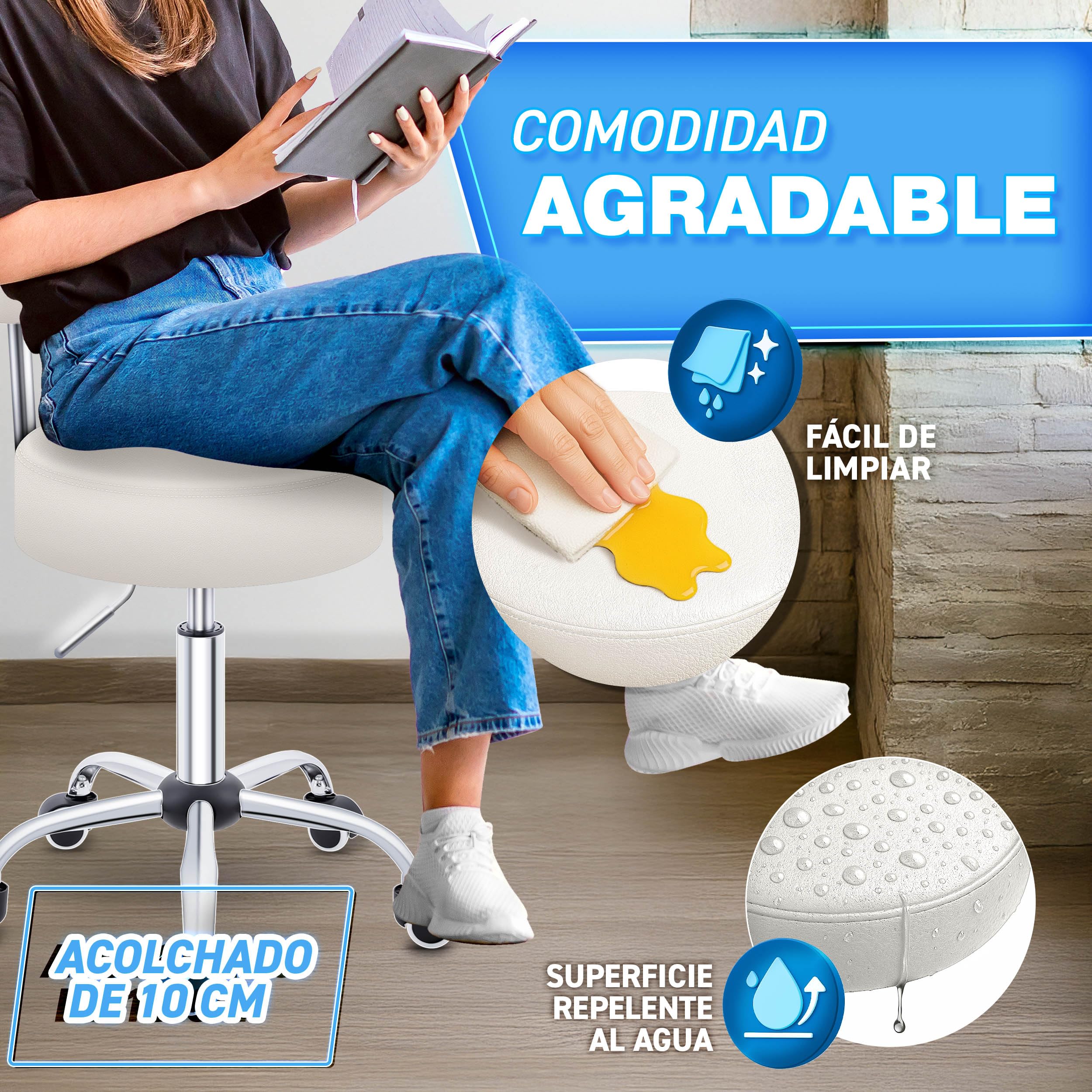 TRESKO Taburete con ruedas con respaldo, color beige, altura regulable 46-58 cm, taburete giratorio con ruedas, silla de oficina, taburete giratorio