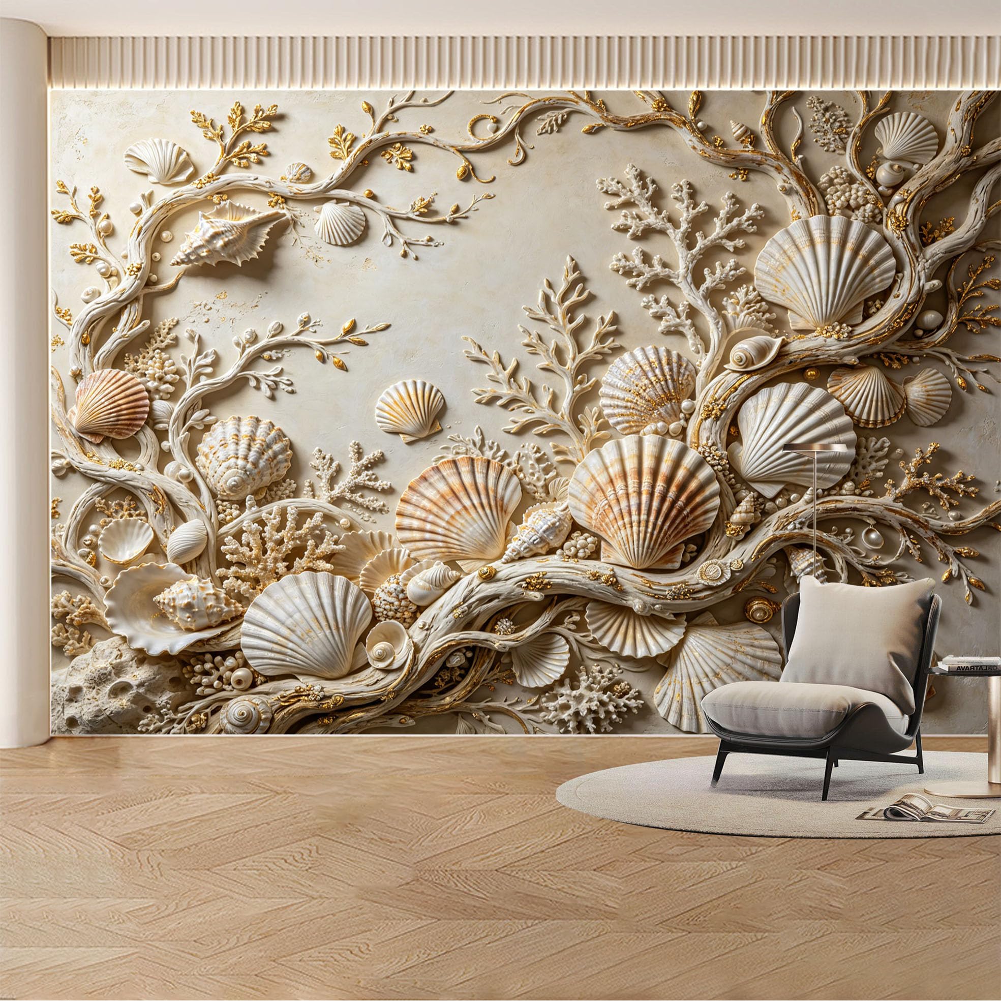 Custom Wall Mural Wallpaper Seashell Coral Ocean Landscape Nature 3D Effect Wall Decor Luxury Coastal Style Removable SelfAdhesive Large Photo for Living Room， Bedroom， Office