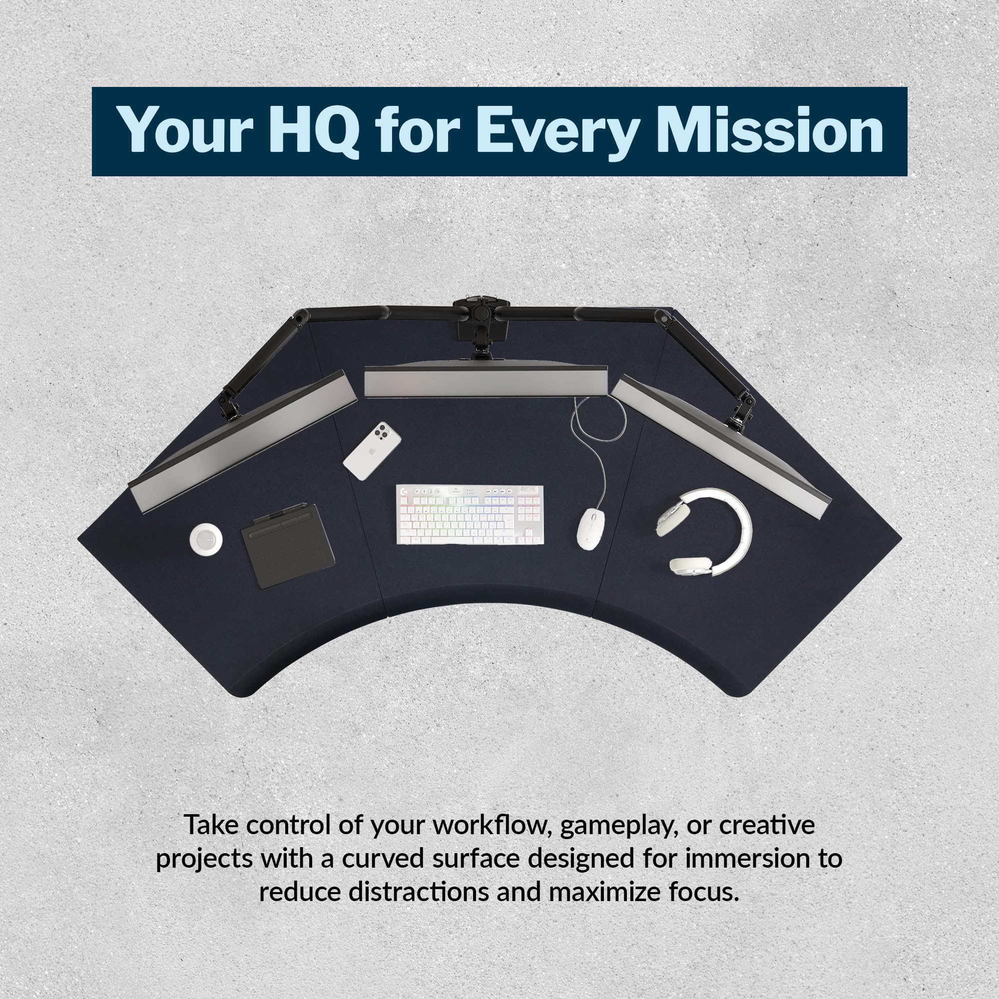 Vari Command Center Electric Standing Desk 120 Curved Sit-Stand Gaming Desk Corner Workstation for Triple Monitors Sloped Front — view 4