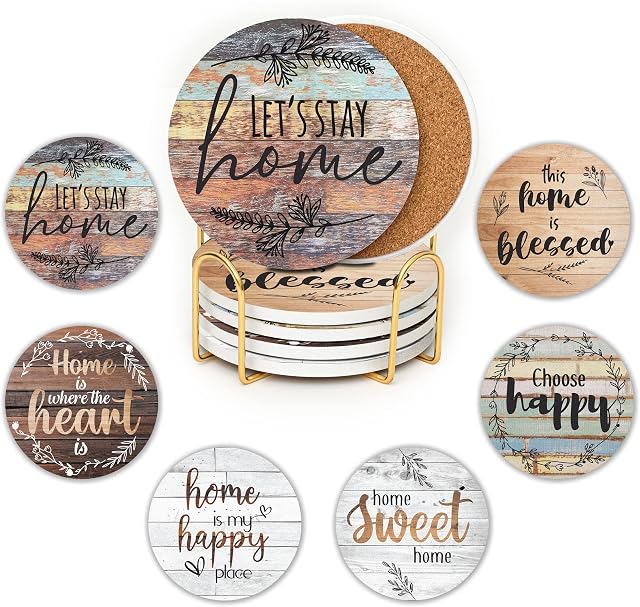 JJ PRIME - Ceramic Coasters Set Of 6 | Absorbent Coasters With Holder | Drink Coasters with Cork Based - Non Scratch, Anti Slip Glass Coasters House Warming Gifts (Welcome Home)