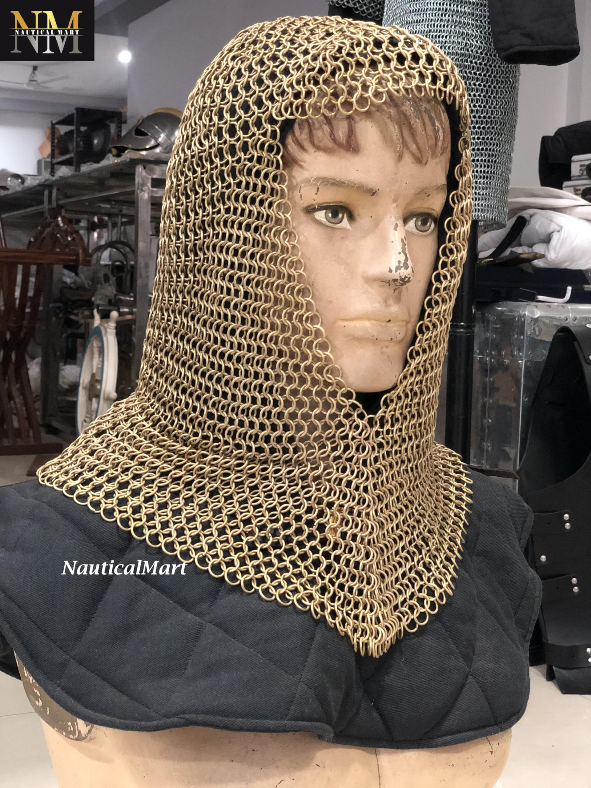 Brass Chainmail Coif, Chain Mail Armor Hood Medieval Reenactment Armor