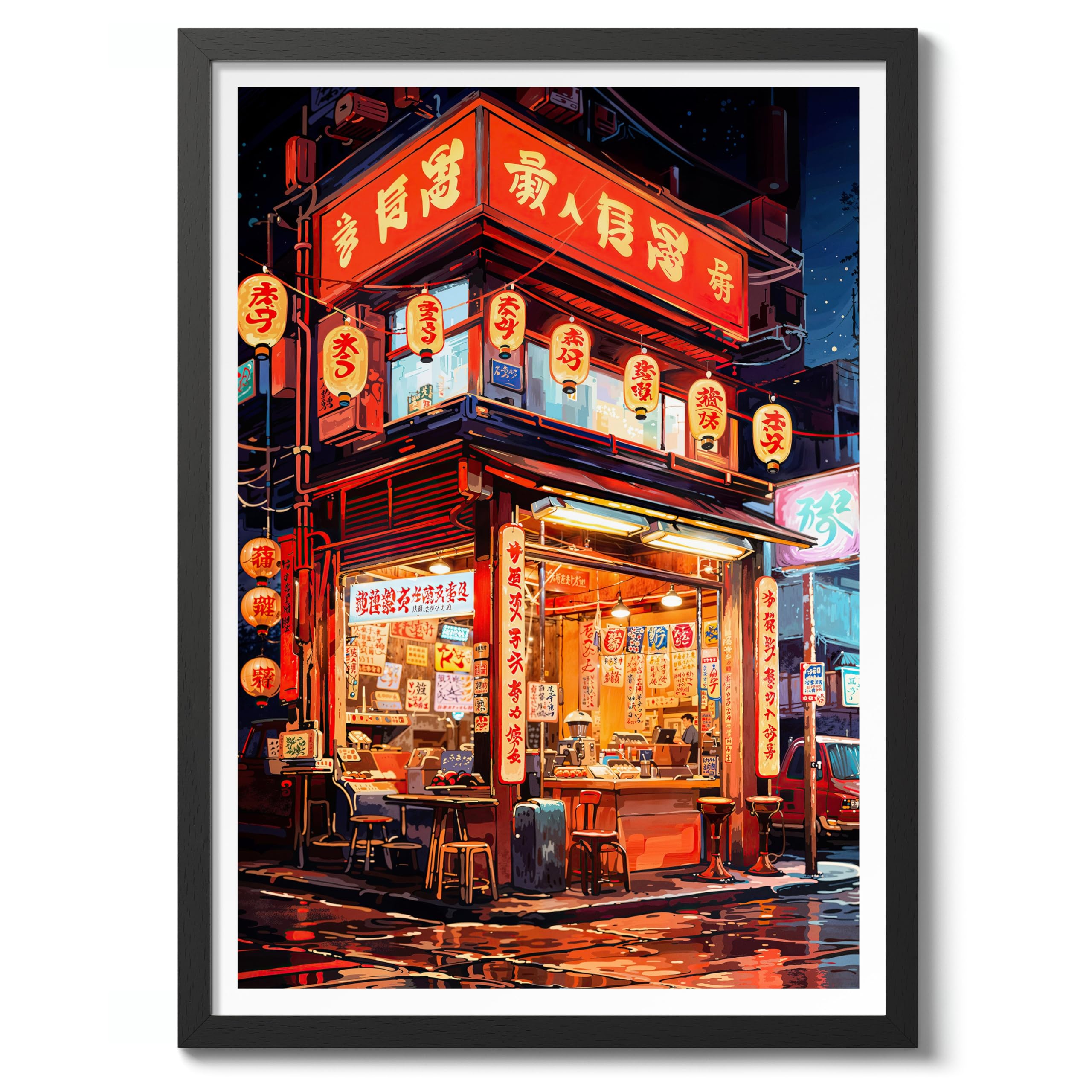 Red Ramen Shop Anime Woodblock Poster Print, Cartoon Manga Edo Aesthetic Wall Art Japanese Wall Art Bedroom Home Decor, A5 (Black Frame) - 24.1x17.9cm โ image 1