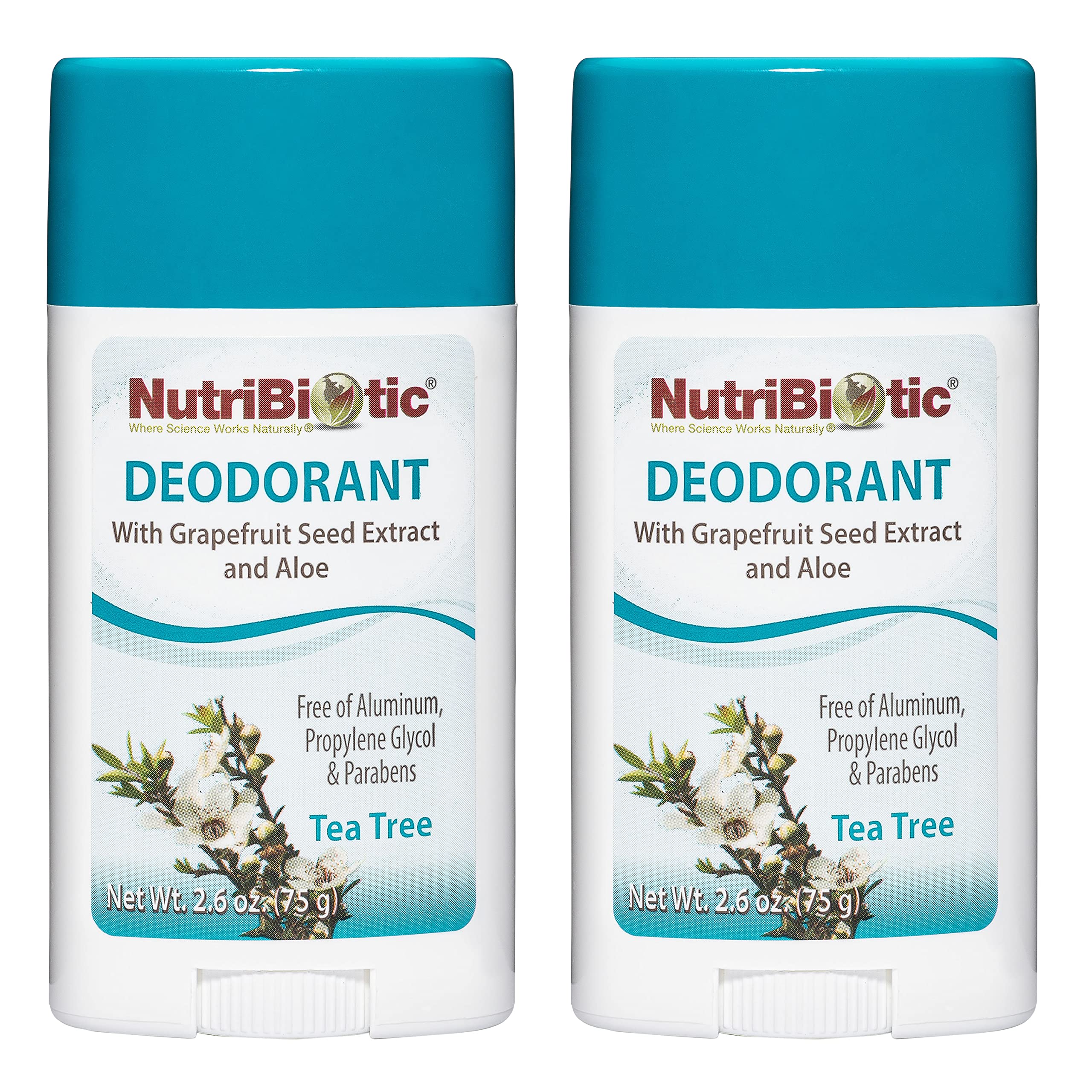 NutriBiotic Deodorant, Tea Tree, 2.6 Ounce Stick Twin Pack | with Witch Hazel, Grapefruit Seed Extract, Aloe, Tea Tree & Peppermint | Vegan & Free of Aluminum,