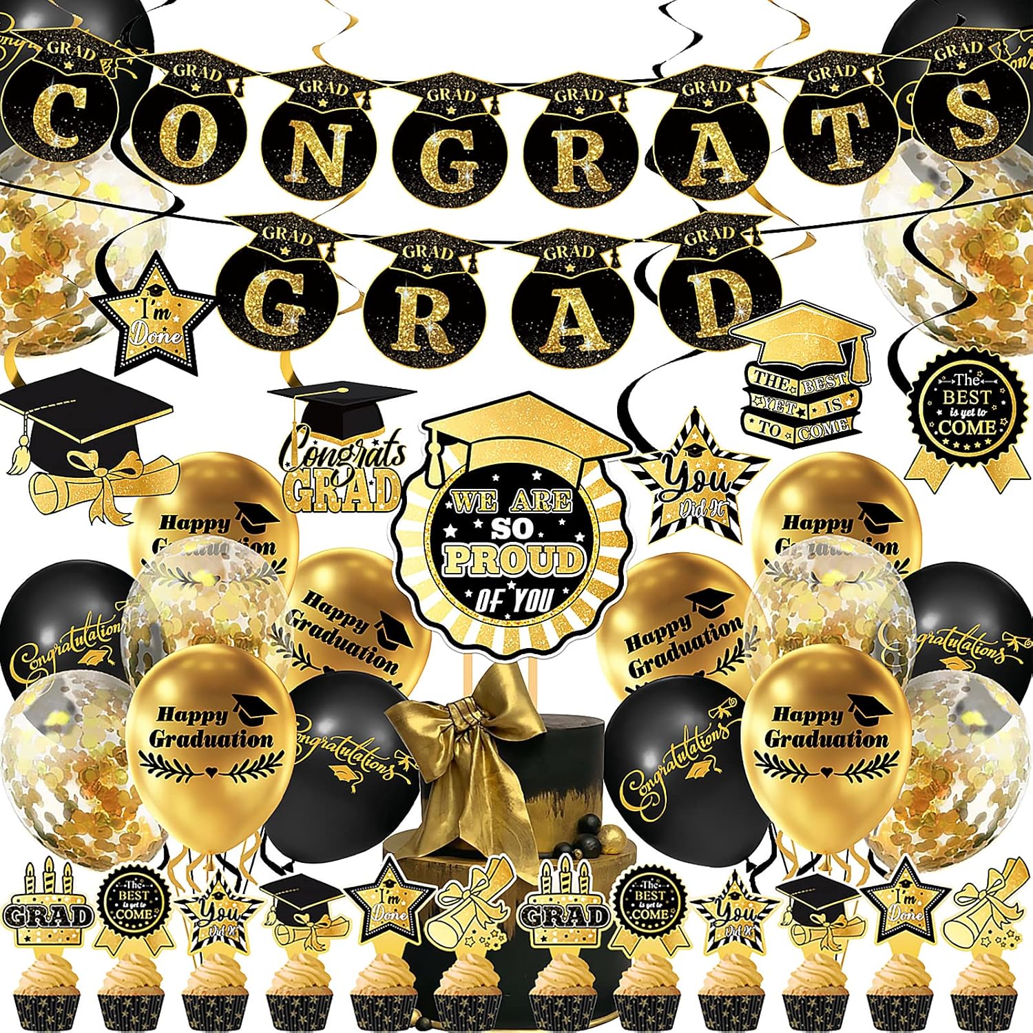 44PCS 2023 Graduation Party Decorations Set, Black Gold