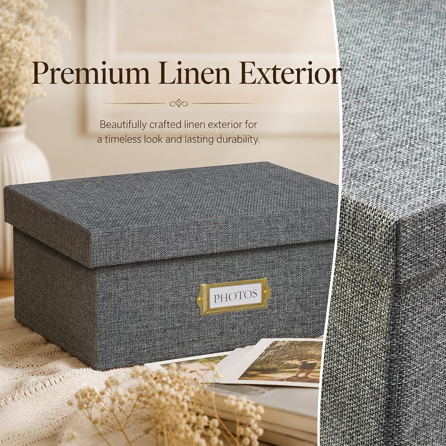 Linen Photo Storage Box, Large Capacity Organizer Box, Storage Holds 1700 Picture, with 24 Adjustable Dividers, 144 Labels(72 Blank for DIY) Fabric Picture Box for Photos, Envelopes, Recipes Grey