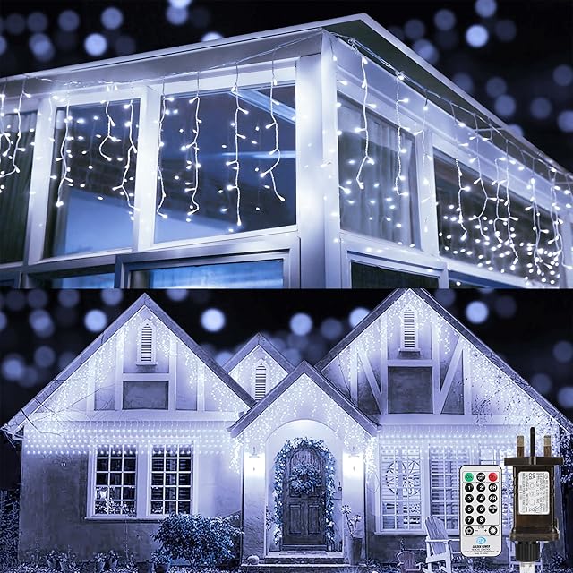 Moxled Icicle Outdoor Christmas Lights - 9M/29.52ft 360 LED White Icicle Lights Mains Powered with Remote, Timer Memory Function, Waterproof 8 Modes Fairy Lights for Indoor Outdoor Xmas Decorations
