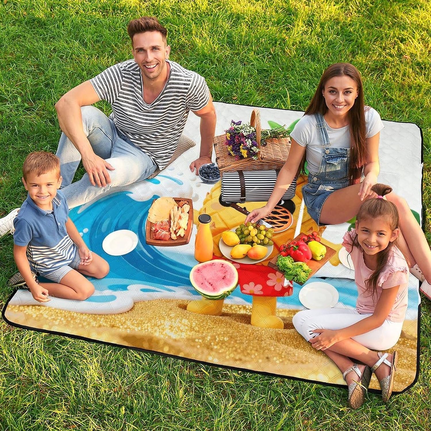 Hawaiian Pineapple Picnic Blanket with Zipper Water Resistant Sand Free Picnic Mat Washable Foldable Easy Carry Beach Blanket for Lawn Beach Hiking Camping