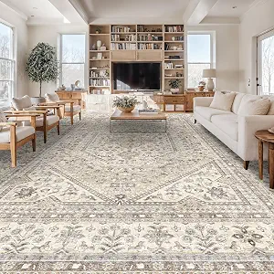 12x15 Washable Area Rug for Living Room - Non-Slip Vintage Rugs Beige Gray