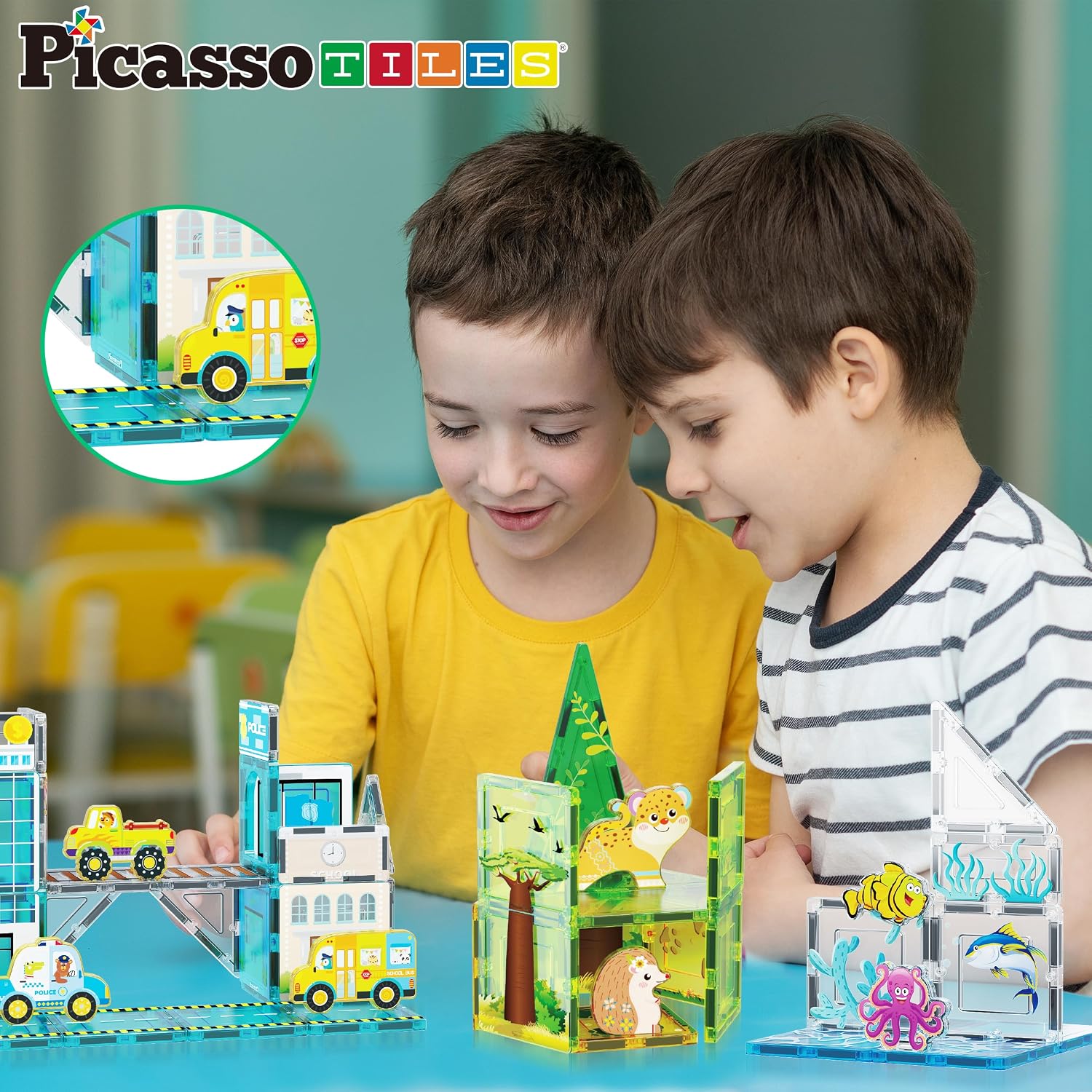 PicassoTiles Magnet Tiles Building Blocks 3-in-1 Aquarium Safari Animal & Metro Theme Playset with 24 Character Action Figures Magnetic STEM Learning Toys Construction Set Toddler kids Ages 3+ PTQ1245