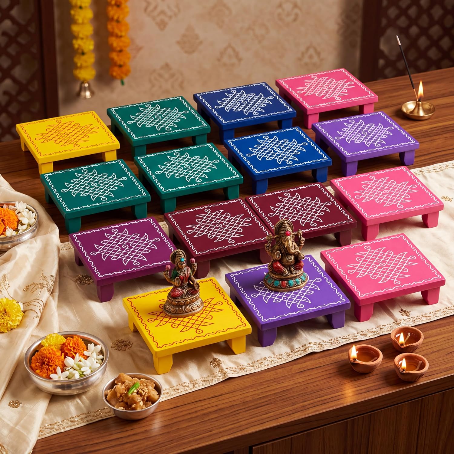 RattanView 12 Pack Indian Return Gifts for Pooja, Wood Kolam Manai, 4 Inch