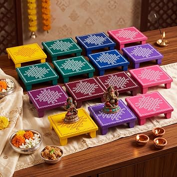 RattanView 12 Pack Indian Return Gifts for Pooja, Wood Kolam Manai, 4 Inch