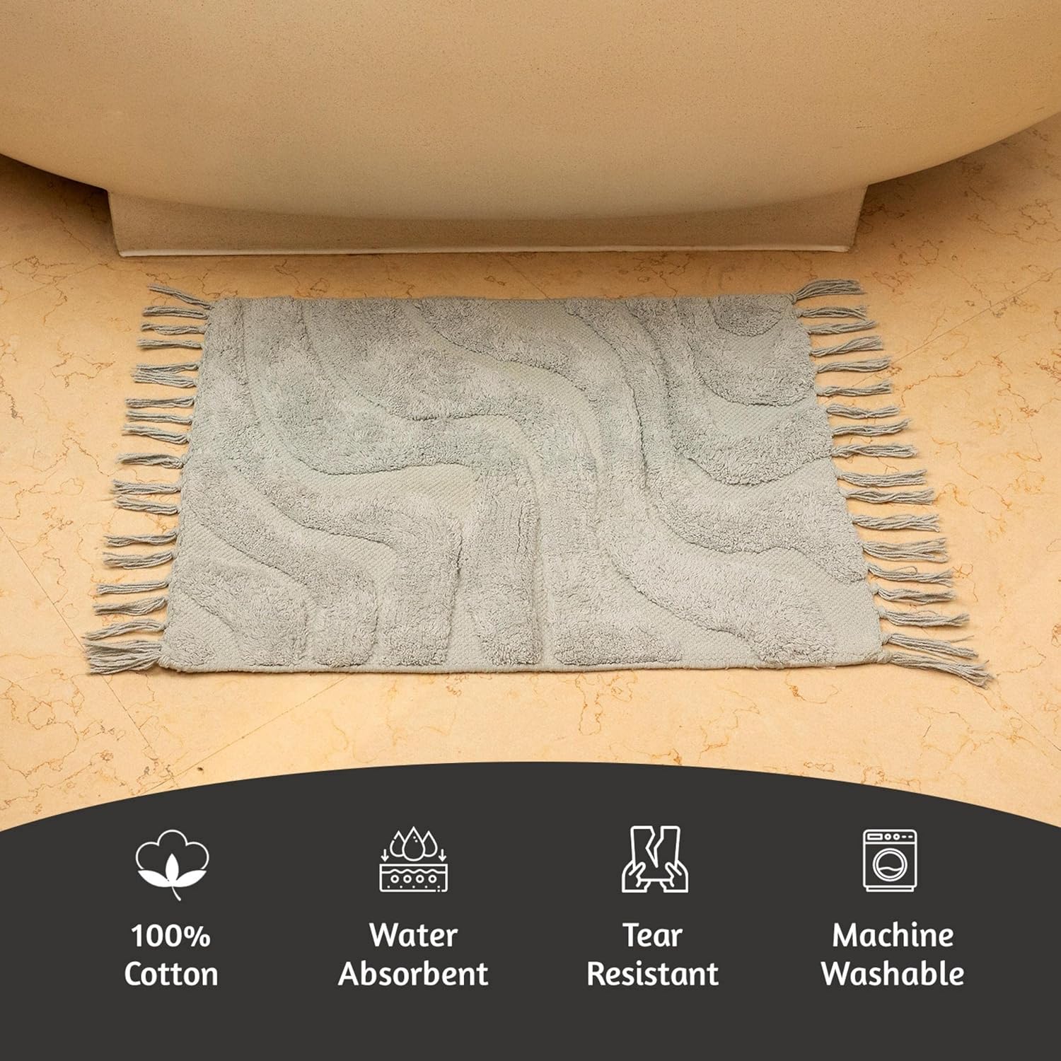 Folkulture Cotton Bath Mats - 24" x 17" Non-Slip Shower Mat, Boho Farmhouse Texture, Washable Gray