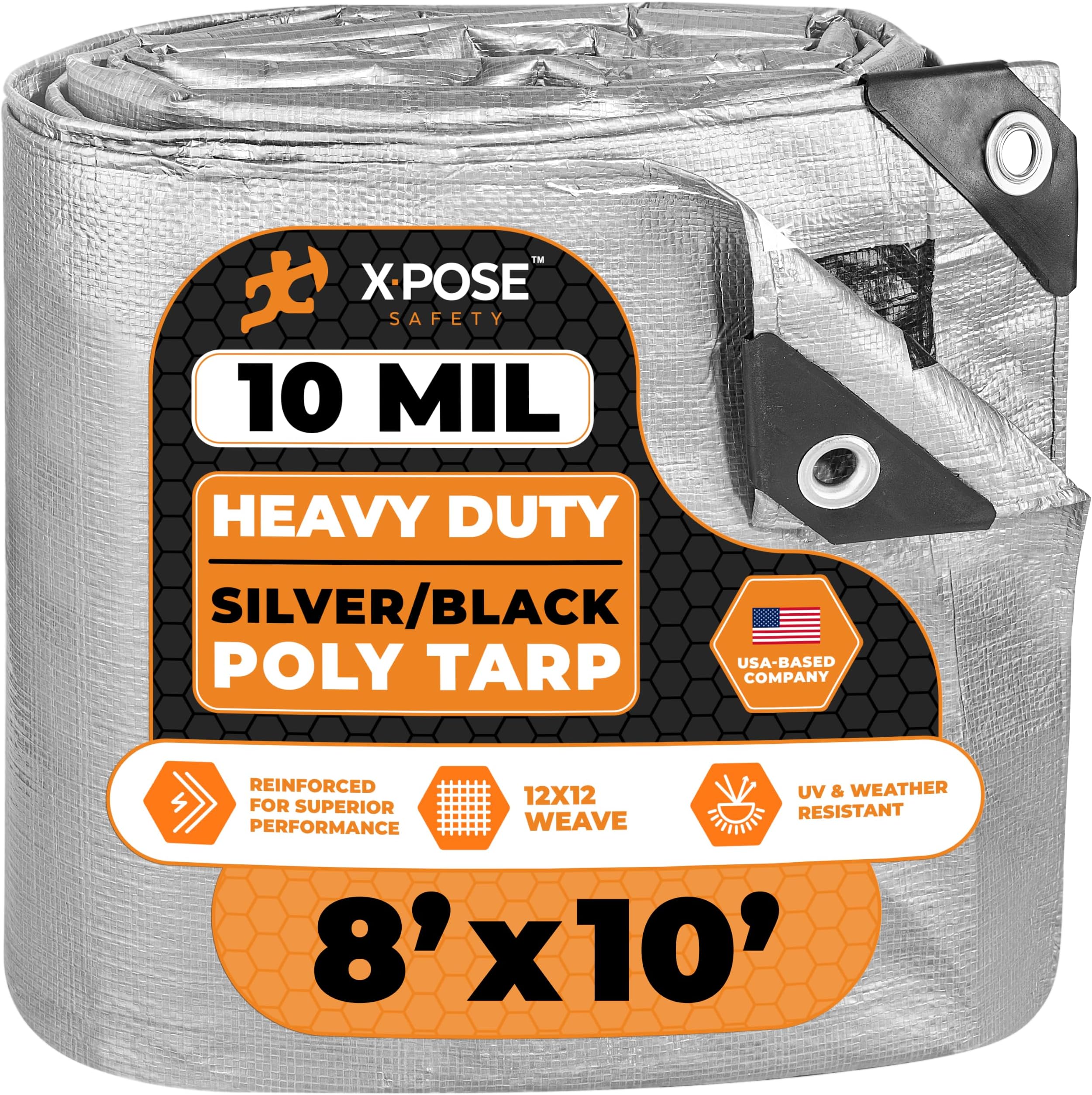 Heavy Duty Poly Tarp - 8' x 10' - 10 Mil Thick Waterproof, UV Blocking Protective Cover - Reversible Silver and Black - Laminated Coating - Grommets - by Xpose Safety