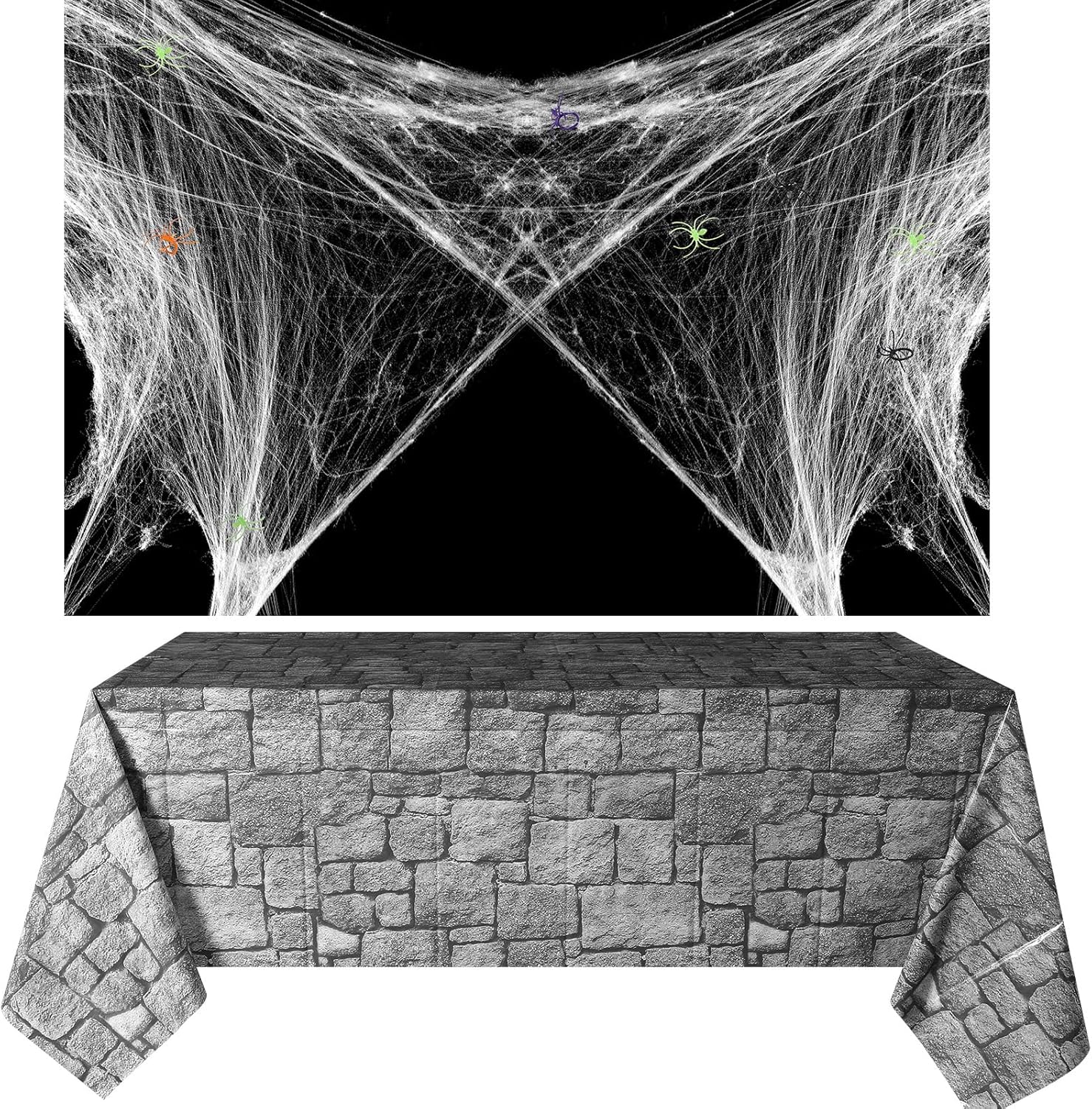 Nuanchu 7 Pcs Halloween Grey Brick Wallpaper and Creepy Cloth Set Included 2 Sheet 4.5x9ft Peel and Stick Wallpaper 5 Sheet 2.5x5.9ft Spider Web Decor for Halloween Theme Party Decoration Supplies