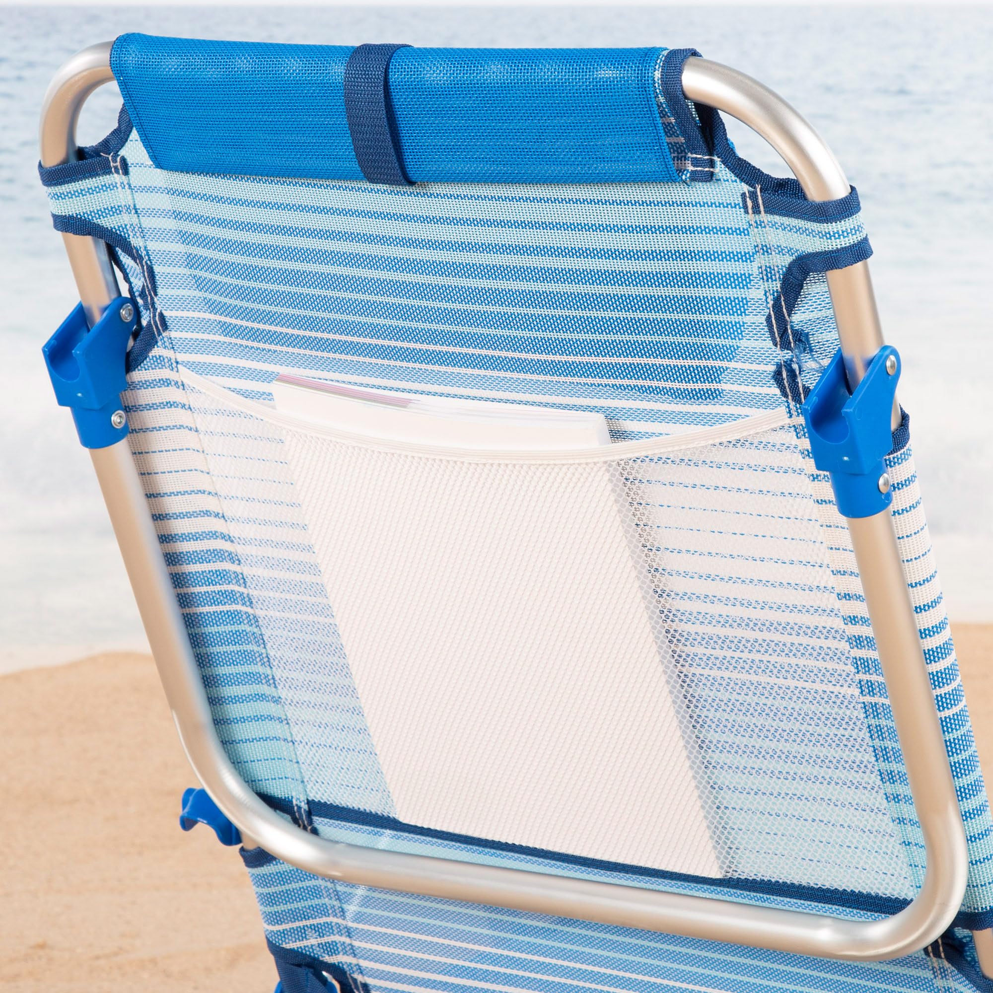 AKTIVE Lot de 2 chaises de Plage Pliantes, 4 Positions, Rayures Bleues, 51 x 45 x 76 cm, avec Coussin rembourré, Poche latérale, poignées, Maximum 110 kg, butées Anti-retournement, Multiposition,