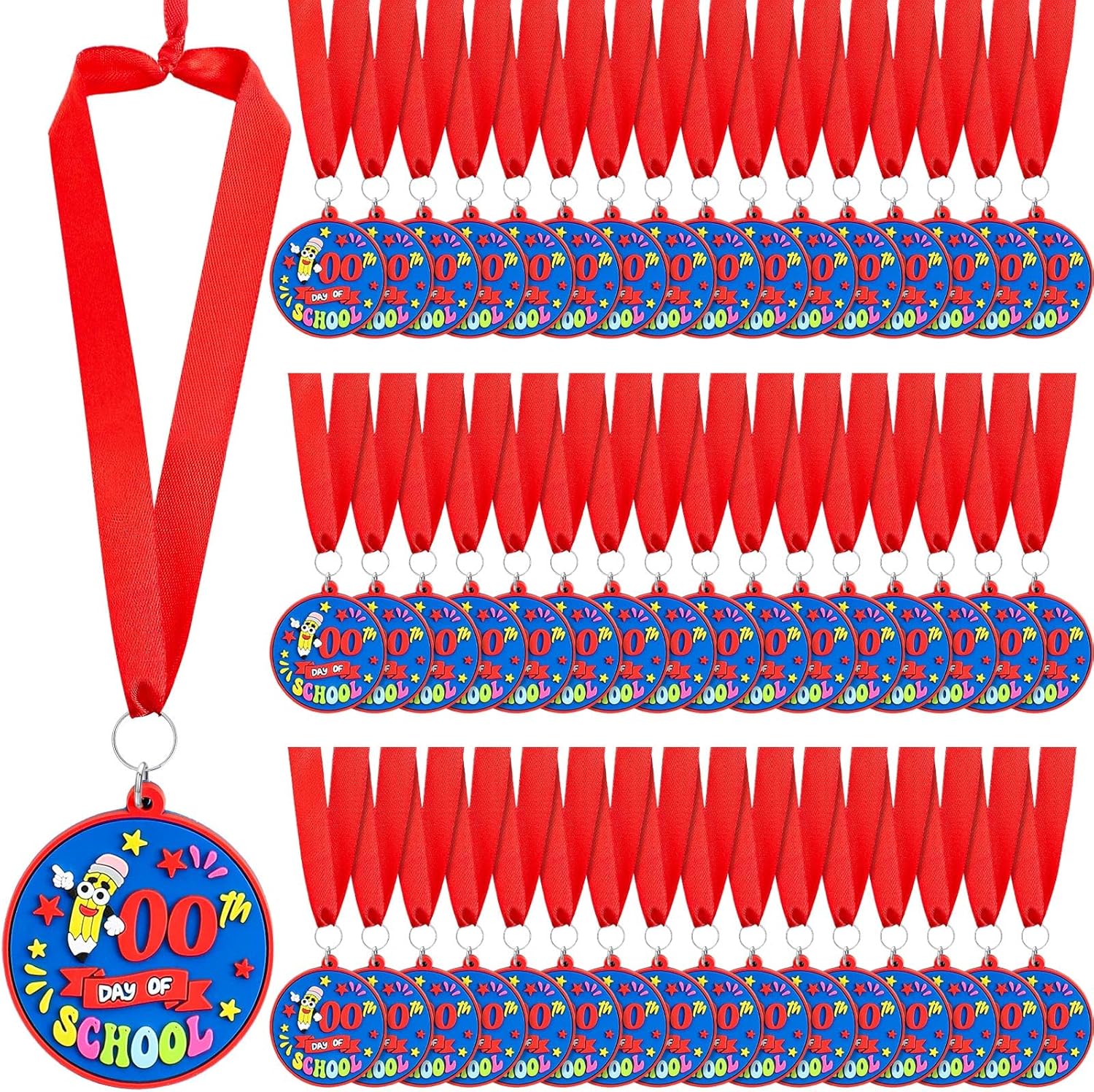 Poen 48 Pcs Happy 100 Days of School Award Medals 1.97'' Rubber 100th Day of School Medals for Awards with 29.5" Ribbon Supplies Themed Party