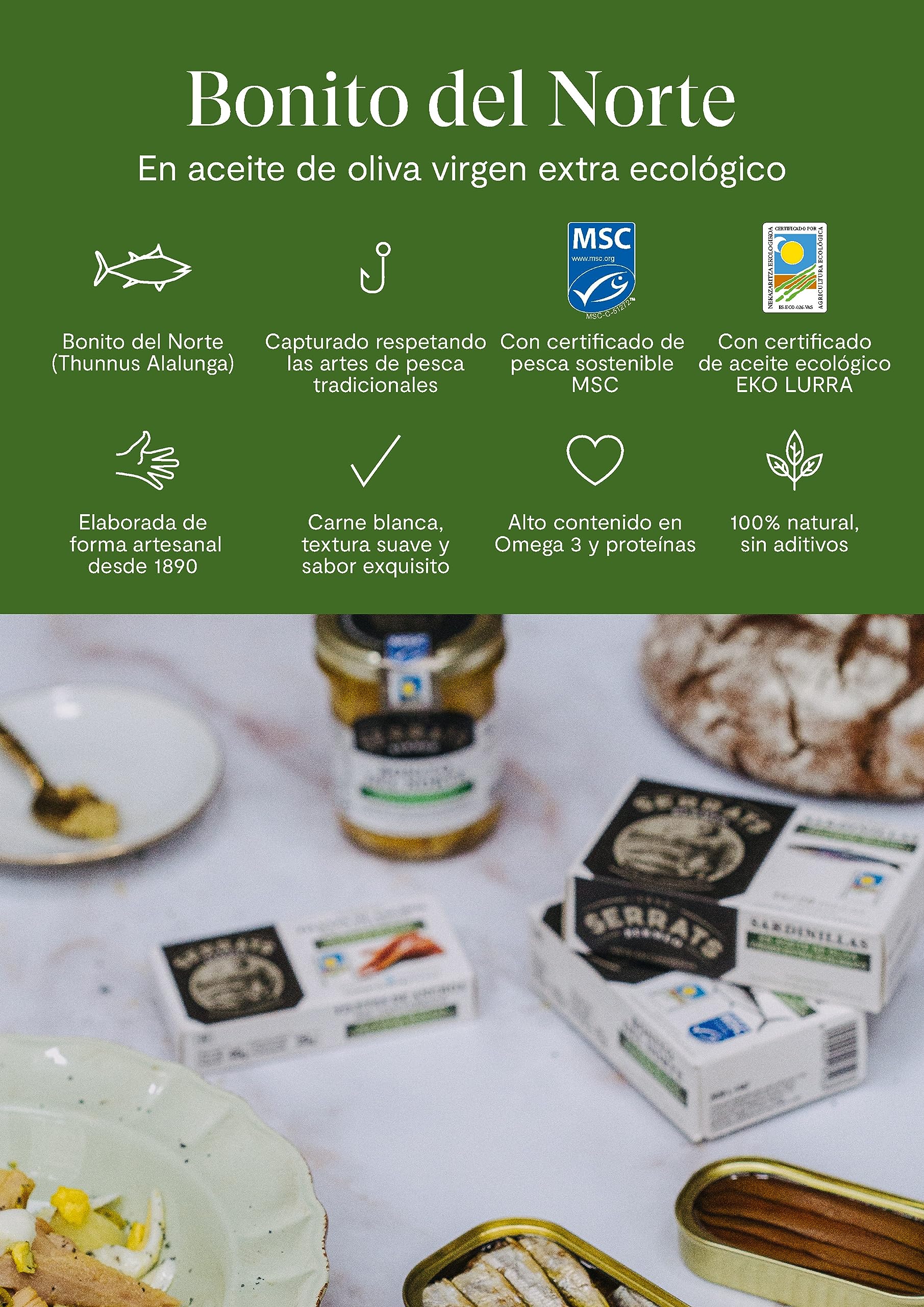 CONSERVAS SERRATS - Weißer Thunfisch aus dem Kantabrischen Meer in Bio Nativem Extra Olivenöl - 12 Dosen x 112g (Gesamt: 1344g) - Handwerkliche Herstellung seit 1890 - Glutenfrei - Reich an Omega 3