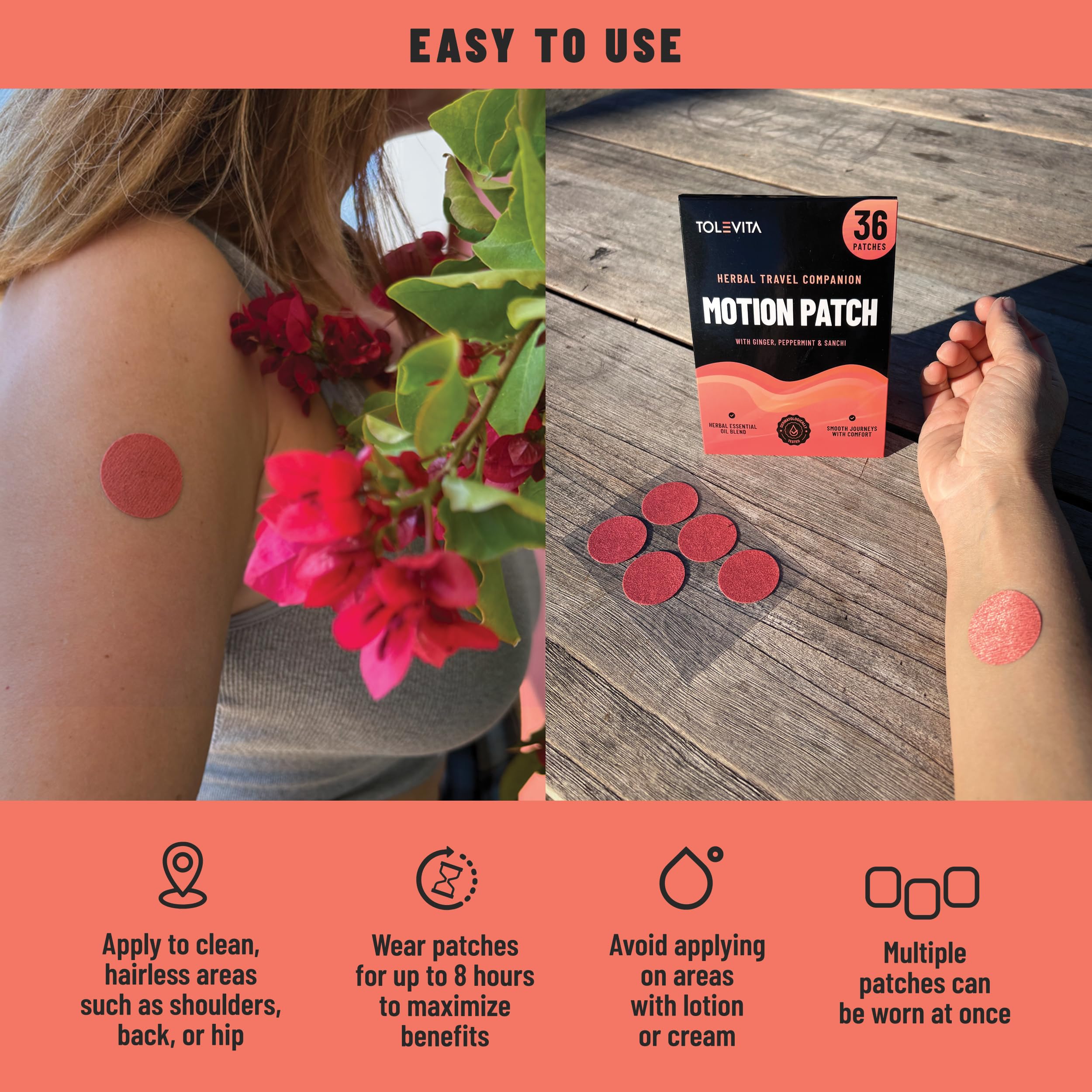 TOLEVITA Motion Sickness Patches – 36 Pcs | Herbal Essential Oil Patch with Ginger, Peppermint & Sanchi | Travel with Comfort, Easy-to-Use & Discreet — Amazon image 4
