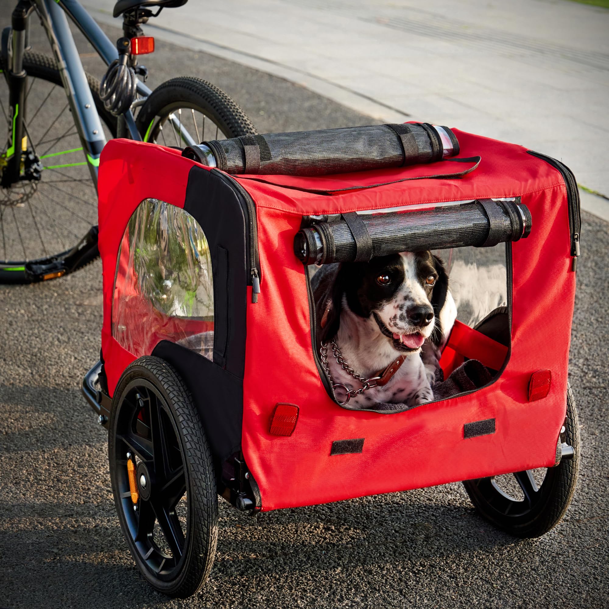 Remolque para bicicleta para perros, con resorte, incluye bandera, adecuado para perros grandes y medianos