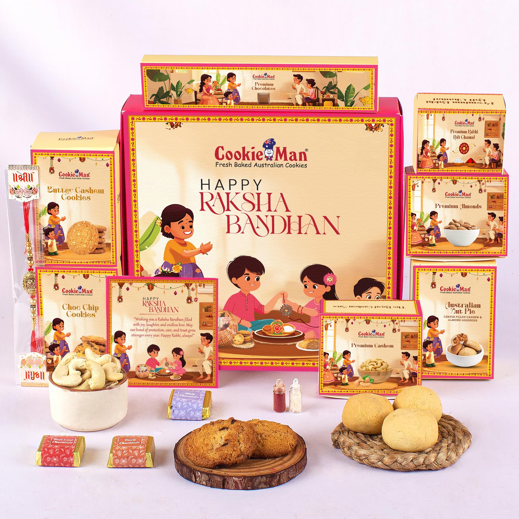 CookieMan Rakhi Gift – Choc Chip, Butter Cashew 80g, Australian Nut Pie 80g, Choco Box 75g (5 Flavours), Almonds 50g, Cashews 50g, Rakhi, Roli Chawal Tika & Greeting Card | Raksha Bandhan Hamper-image-10