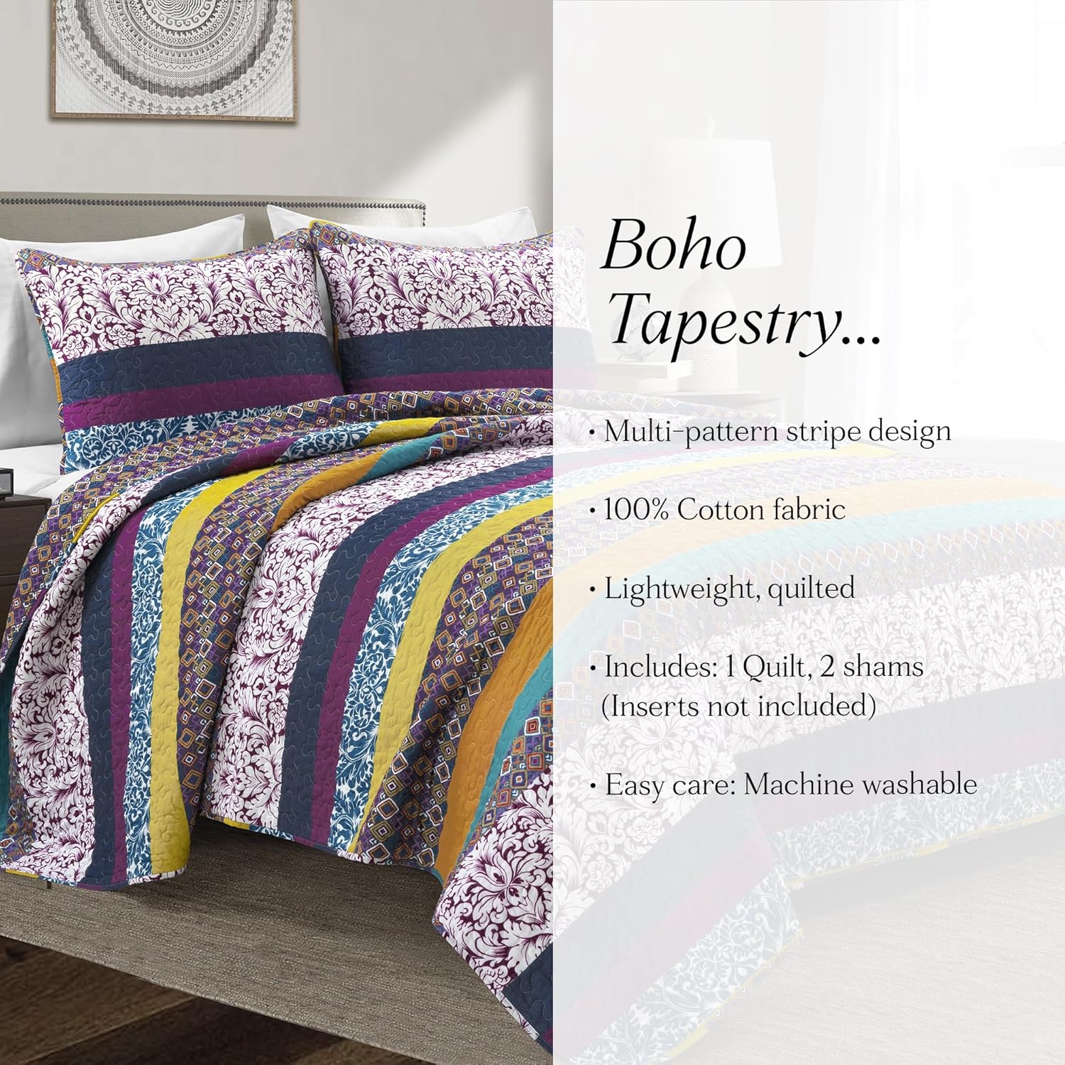 Lush Decor Boho Stripe Reversible Cotton Quilt 3-Piece Set, Full/ Queen, Plum & Yellow - Bold Colorful Bohemian Bedding Set - Image 8