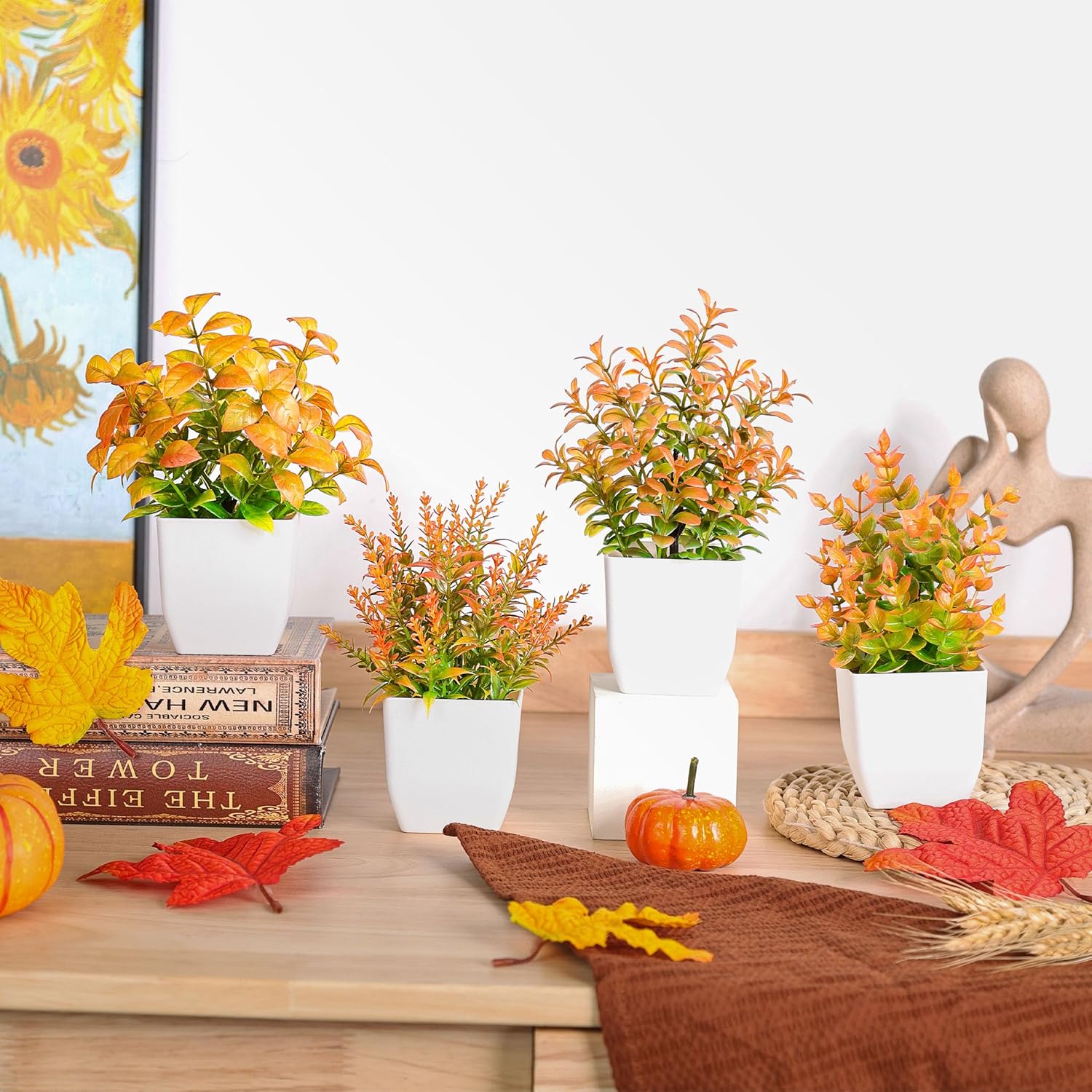Der Rose 4 Pack Fall Fake Plants Mini Artificial Greenery Potted Plants Fall Decorations for Home Decor Indoor Office Table Room Farmhouse Bathroom Fall Decor - Image 2