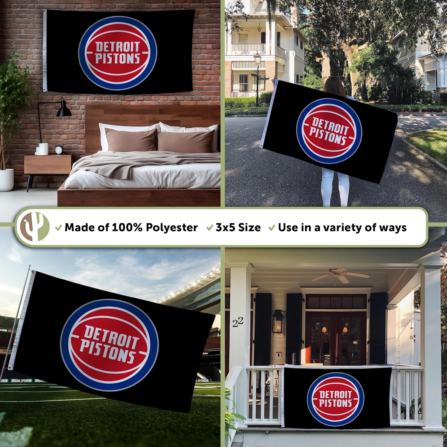 Desert Cactus Detroit Pistons Flag Team NBA National Basketball Association 100% Polyester Indoor Outdoor 3x5 feet Flags (Flag B)