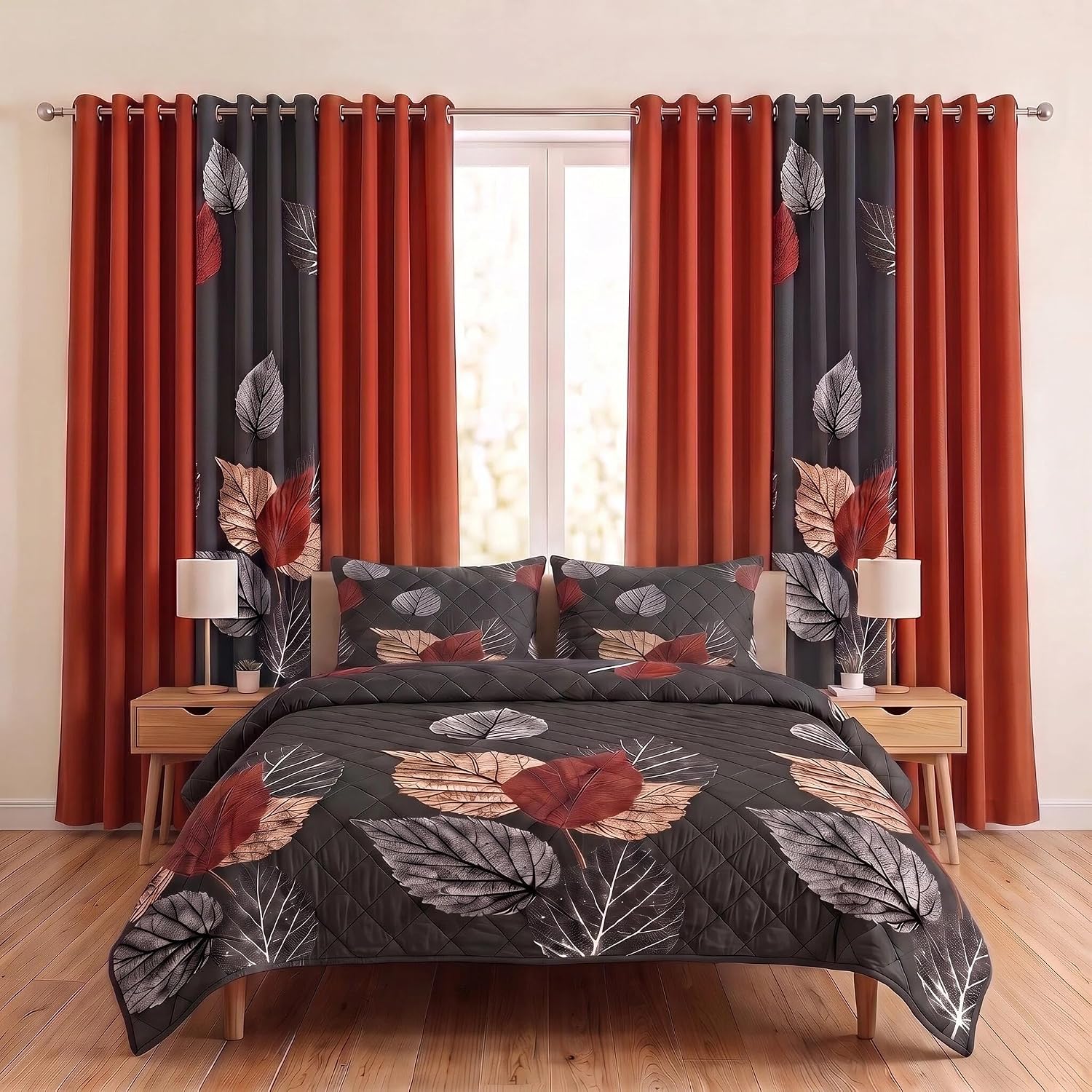 Elegance 9-Piece Leaves Queen Light Comforter Set, Luxury Bed in a Bag Queen Bedspread with Matching Curtains Ultra Soft & Breathable Black Brown Floral Bedding, All-Season Decor for Master Suite