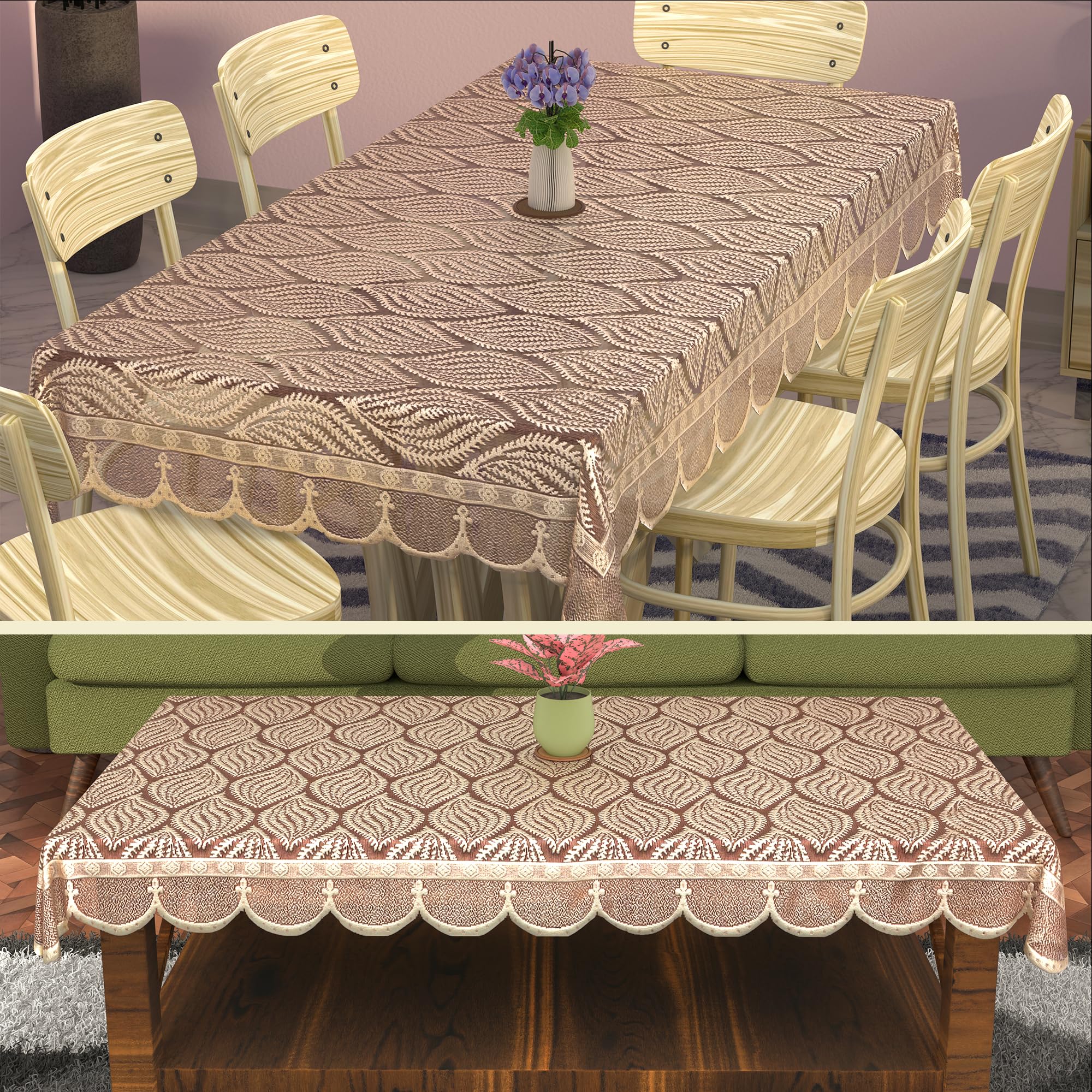 Kuber Industries Themed Combo Set – 6 Seater Dining Table Cover & 4 Seater Center Table Cover | Same Design Pair of Teapoy Table Cloth & Dinner Table Sheet | Coconut Bright - Maroon