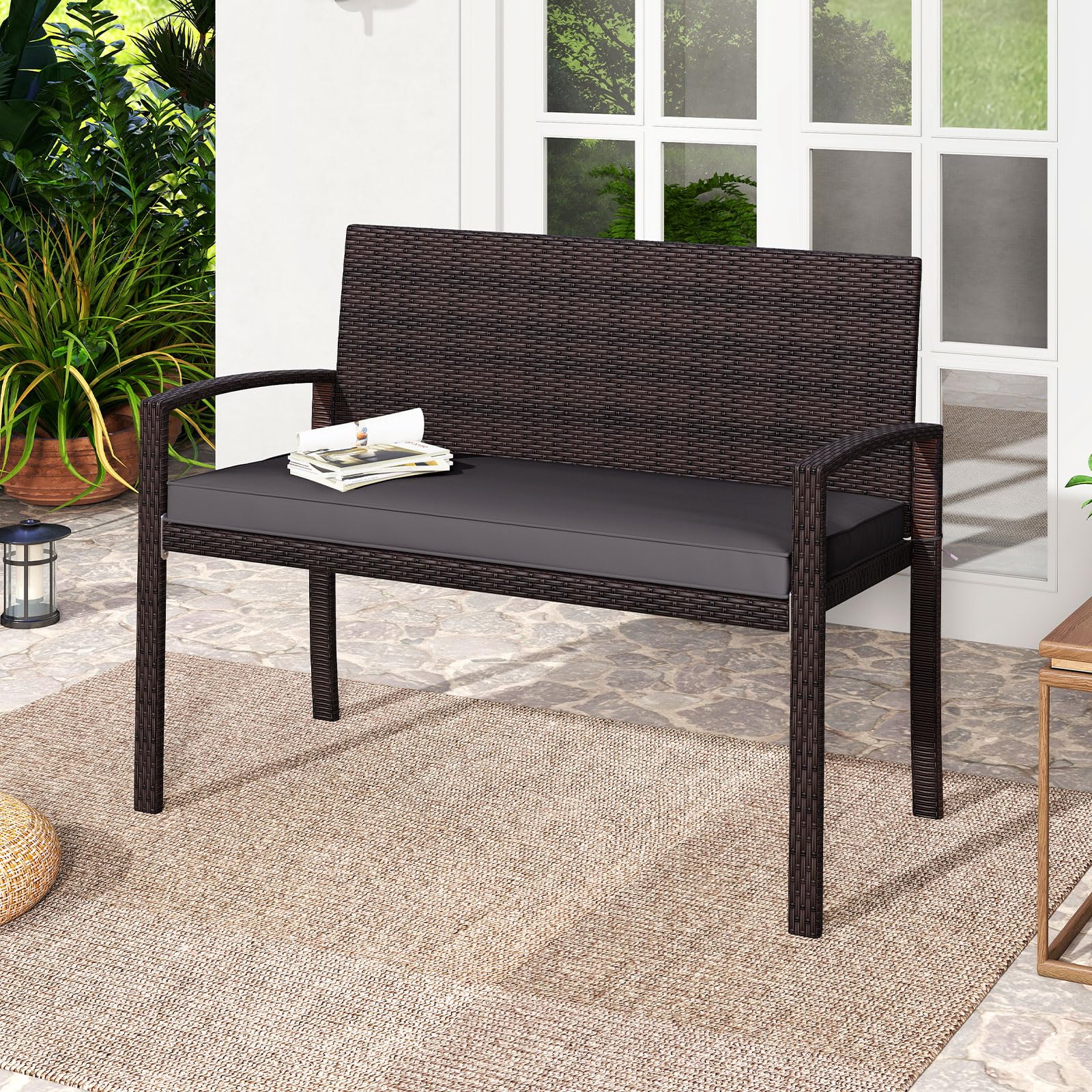 COSTWAY Panchina da Esterno in Rattan PE 110 x 56 x 84 cm, Panchina da Giardino con Morbido Cuscino, Schienale e Braccioli, Poltrona per Veranda, Balcone e Ingresso (Grigio)