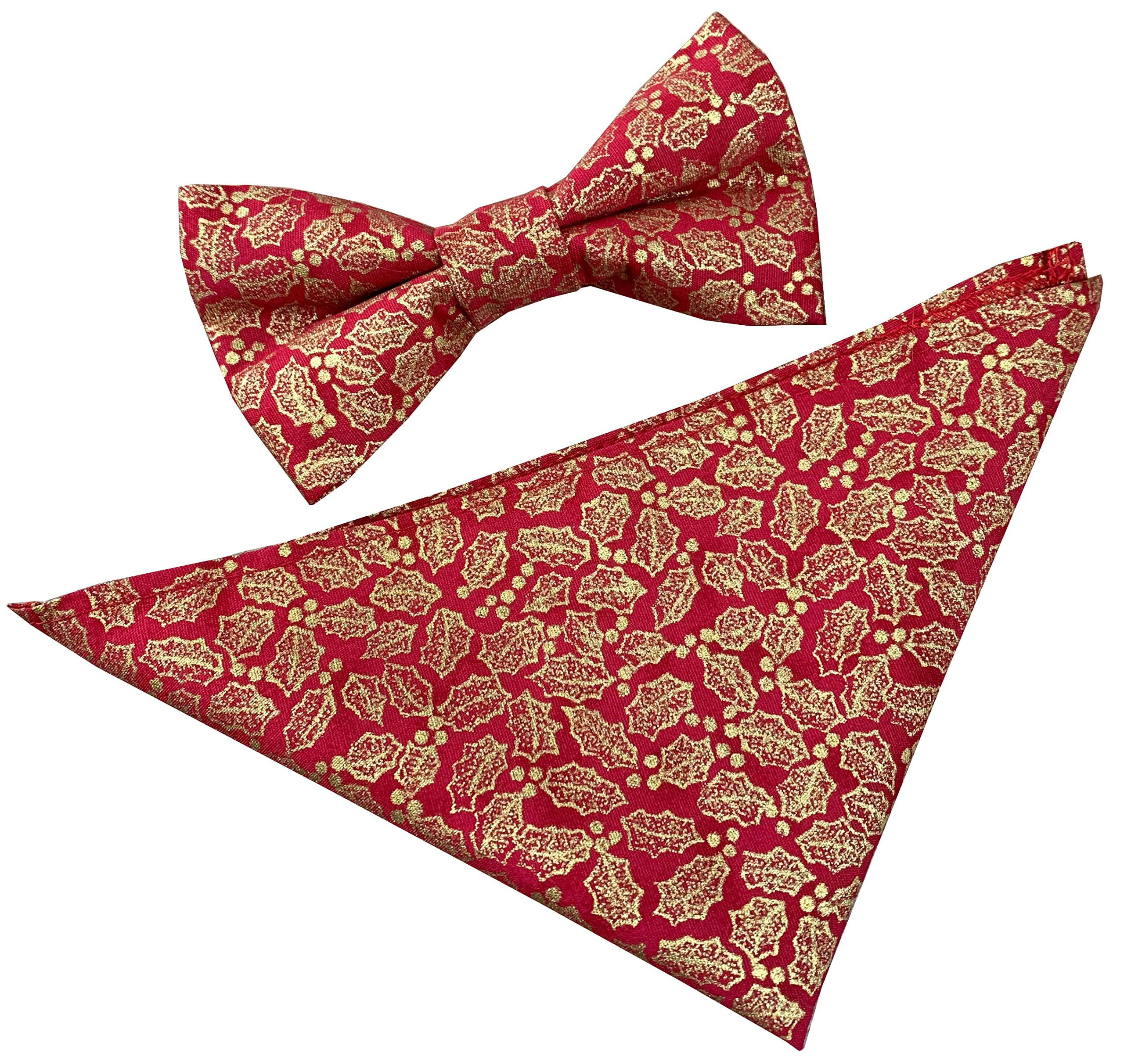 Great British Tie Club Men's Red, Gold Christmas Festive Red With Gold Holly Bow Tie & Hanky Set