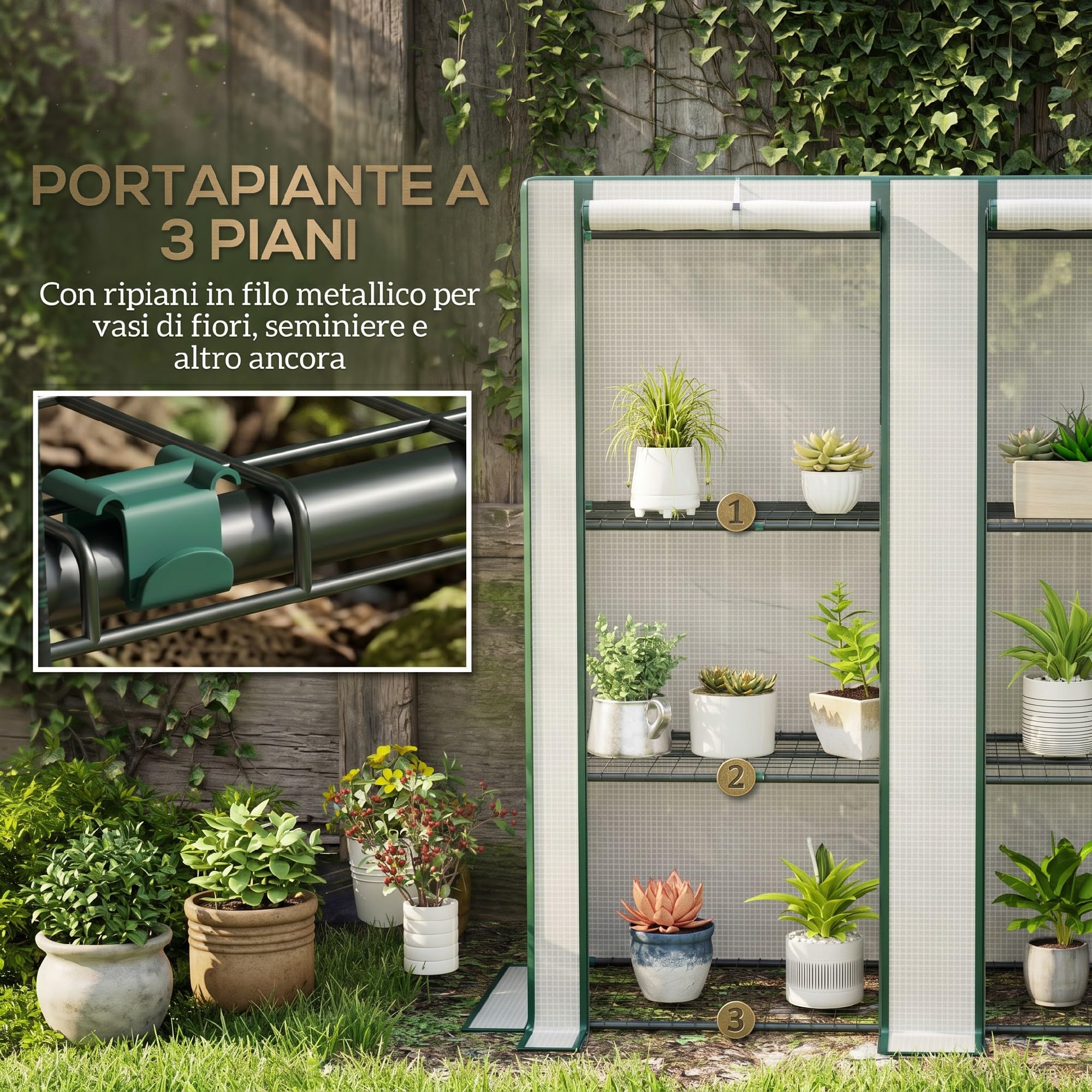 Outsunny Serra da Giardino con 2 Porte Avvolgibili, Scaffale a 3 Ripiani e Tasche Laterali, Struttura in Acciaio e Copertura in PE, Serra per Orto per Piante e Fiori, Protezione Anti UV, Bianco Verde