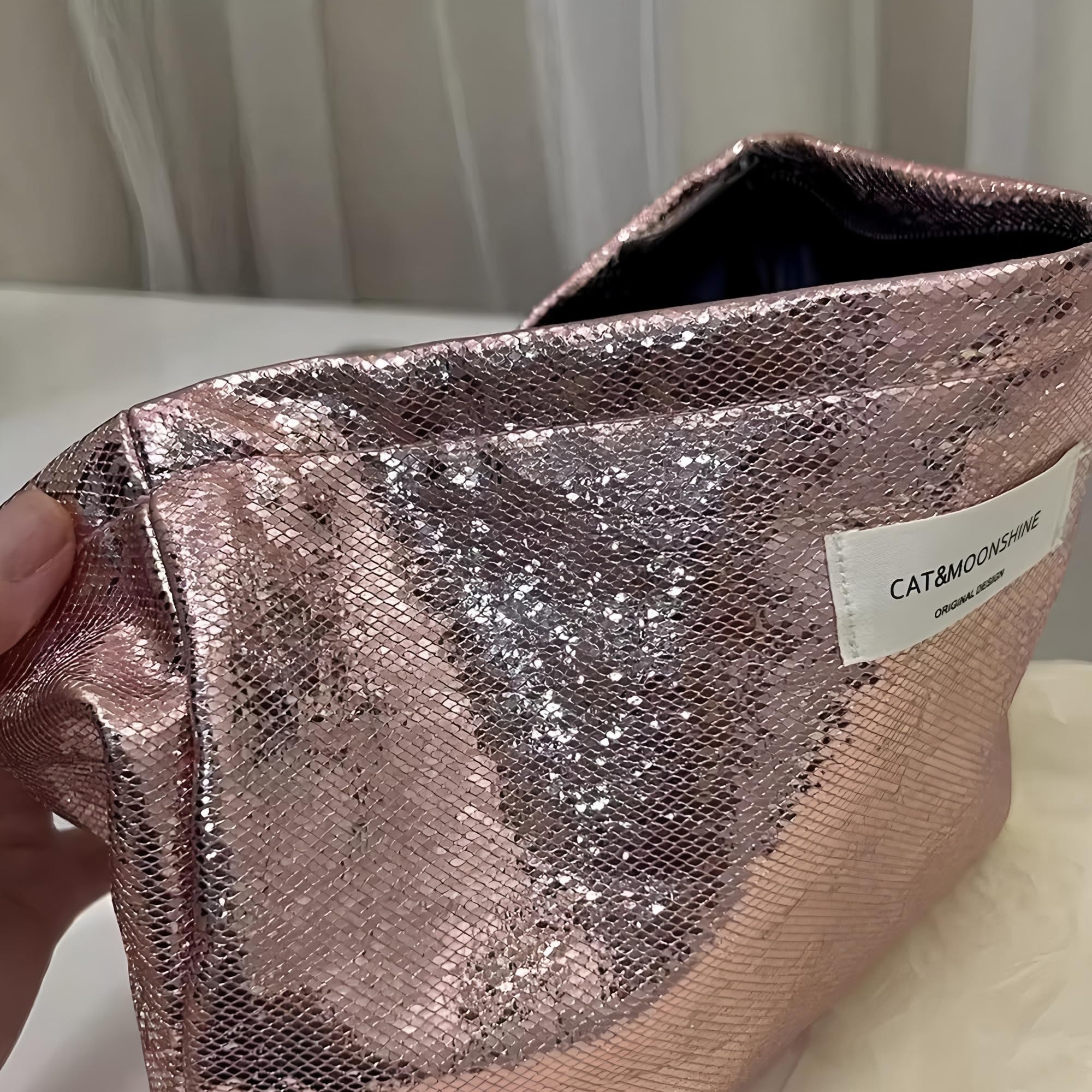 NICECONE Shiny Glitter Makeup Bag, Sparkly Bling Double Layer Cosmetic Bag with Zipper - Image 3