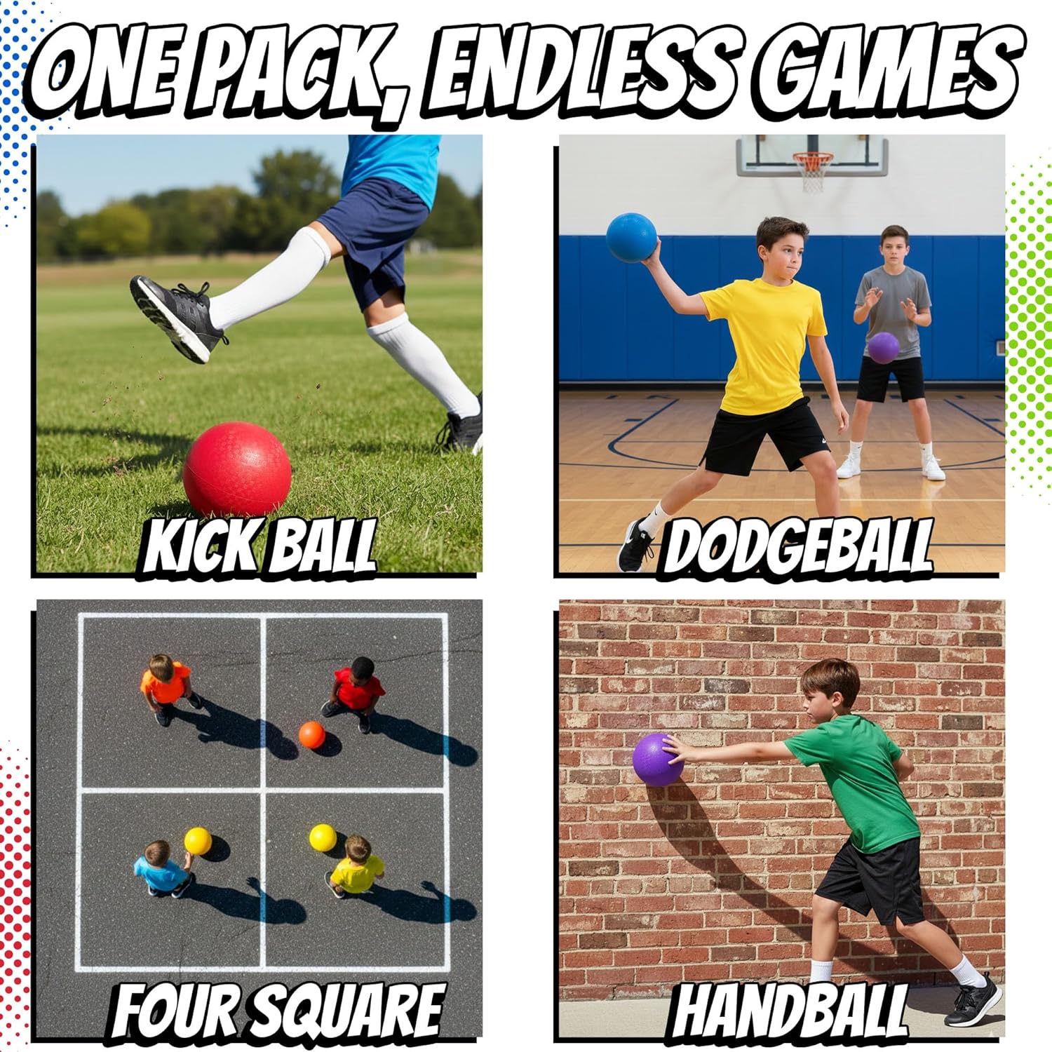 8.5 Inch Playground Balls Dodgeballs for Kids & Adults - (Pack of 6) Inflatable Rubber Indoor Outdoor Bouncy, Kickballs, Four Square and Handballs for School, Gym, Recess and More with Ball Pump - Image 4
