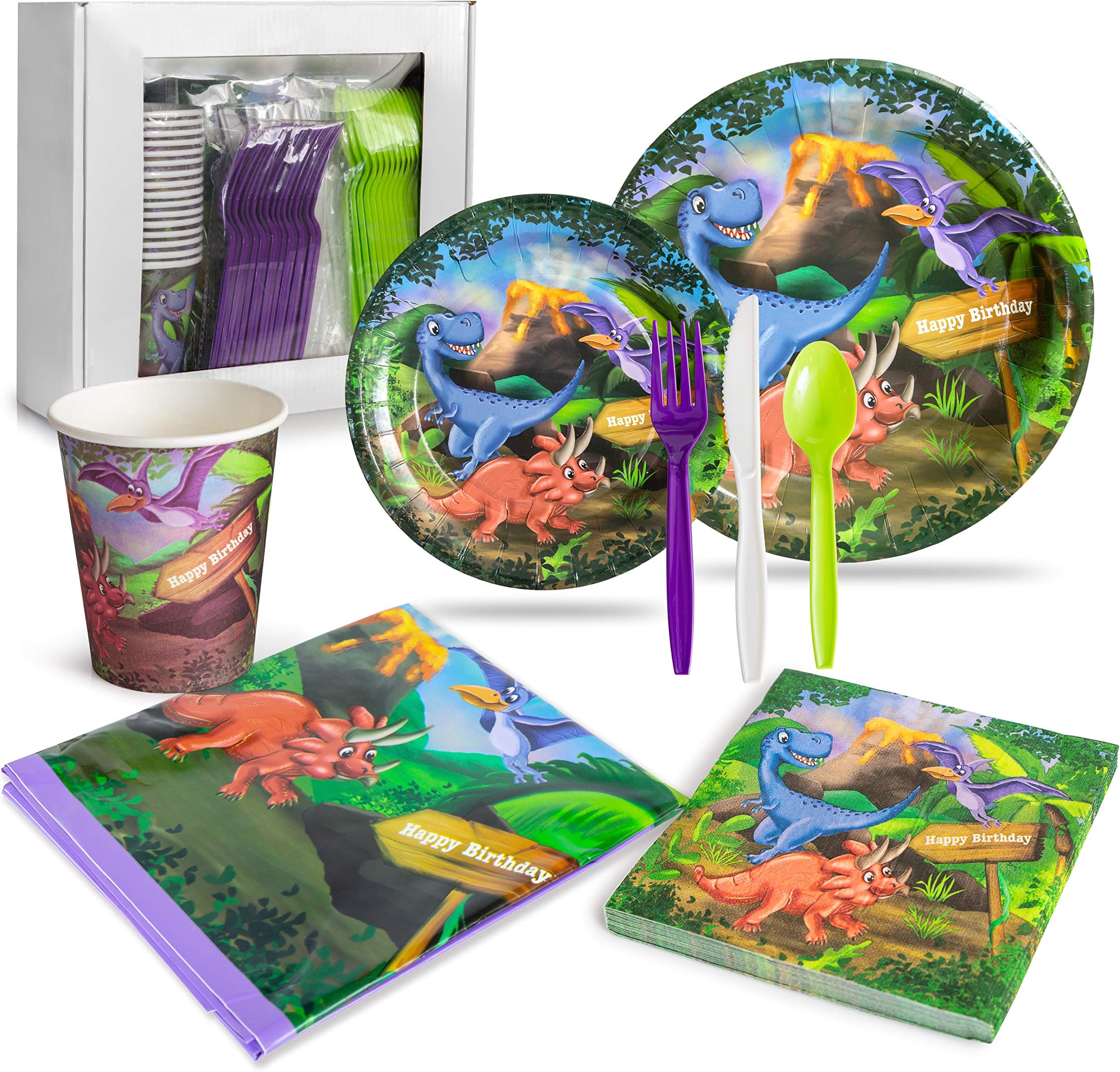 Dinosaur Birthday Party Supplies for Boys and Girls (16 Guests Set) - Dinner and Dessert Plates, Paper Cups, Plastic Cutlery, Napkins and Plastic Tablecloth for a Dinosaur-Themed Birthday Event