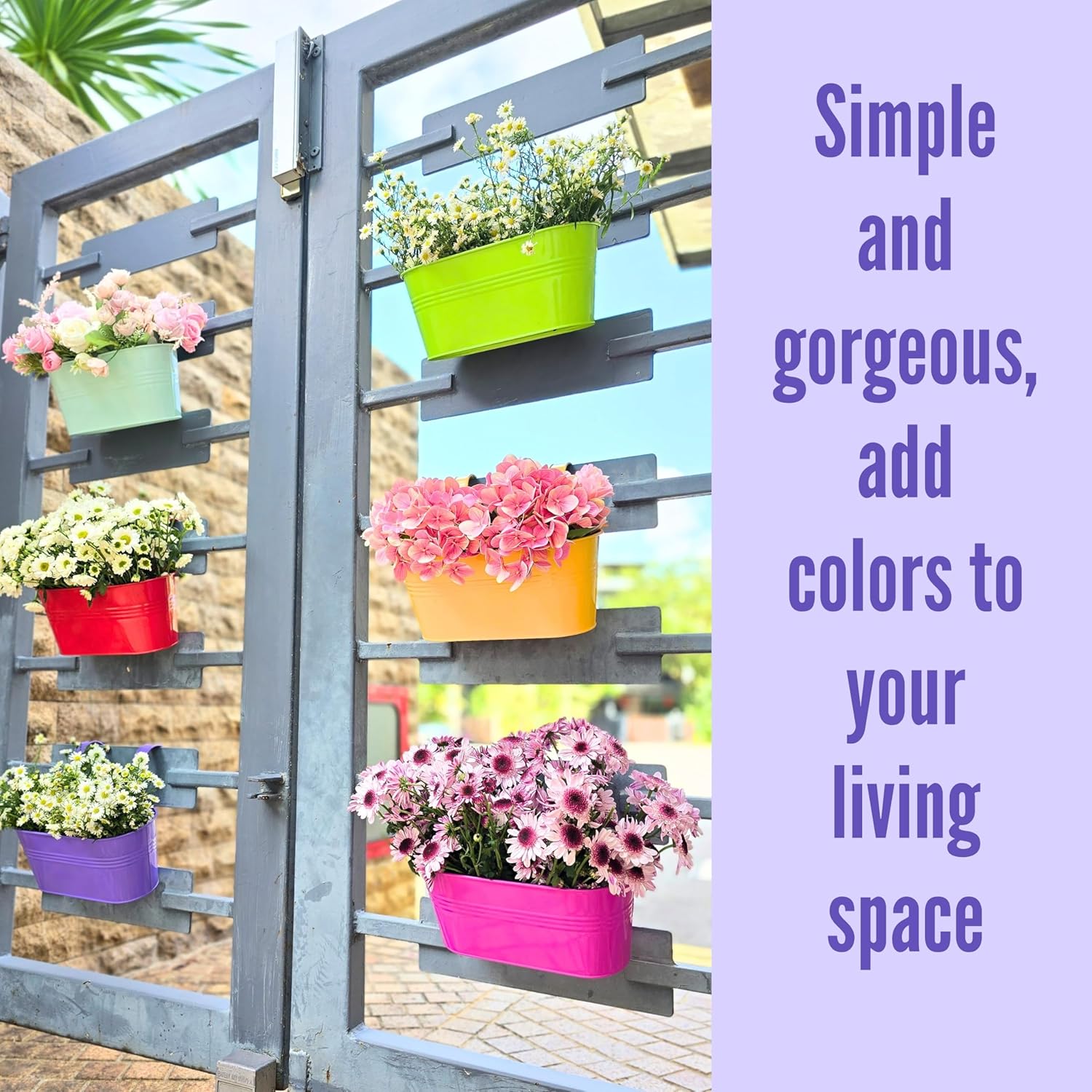 LaLaGreen Rail Planter (17 Inch, 6 Pack) Colorful Hanging Flower Railing Fence Balcony Gardening for Apartment Patio Planters Modern Garden Style Metal Iron Outdoor Deck Decoration Porch Decor Pots