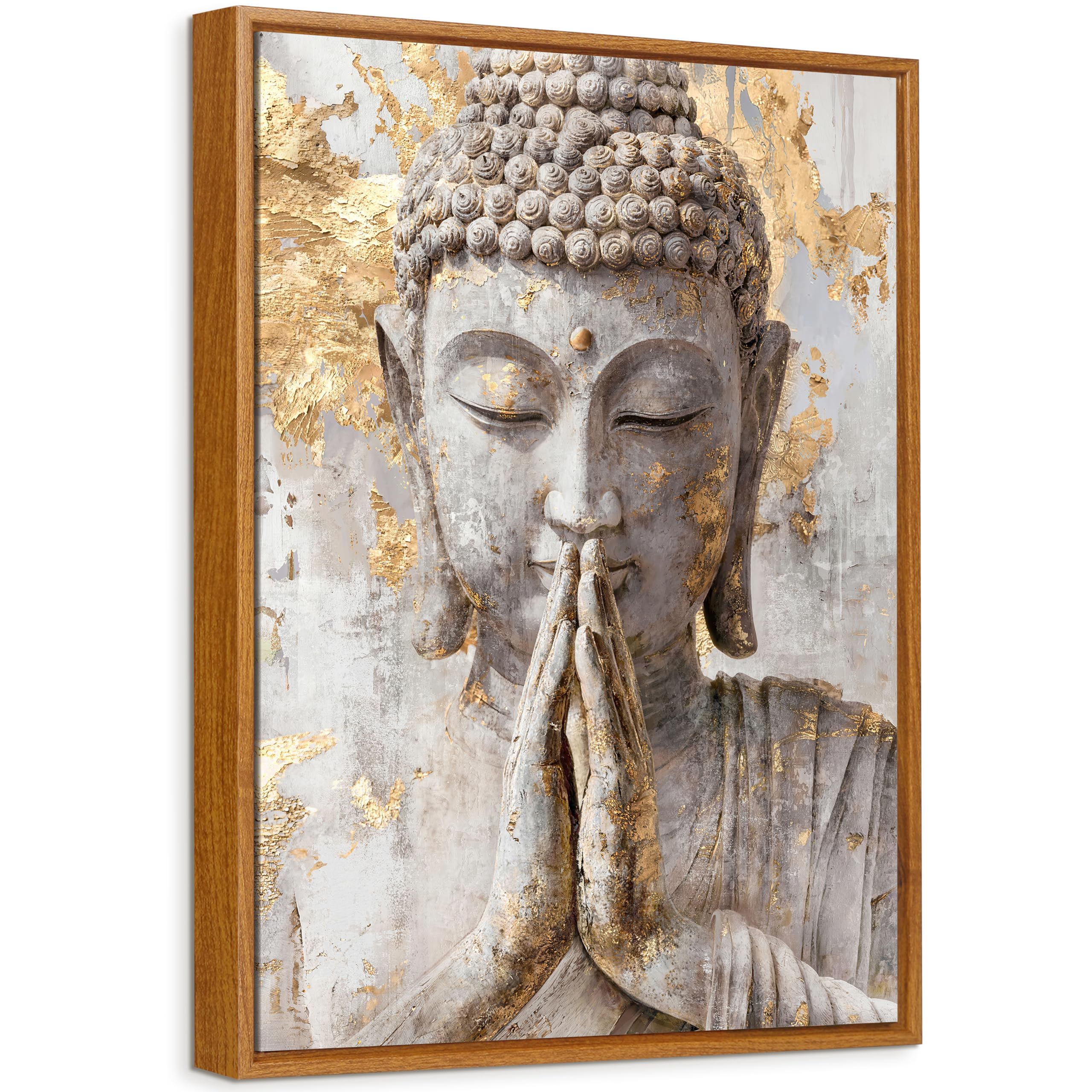 Gray Gold Buddha Framed Canvas Wall Art Buddha Painting on Canvas Prints for Wall Poster Abstract Buddhism Worship Zen Pictures for Meditation Room Yoga Spa Hallway Decor 40x60cm (No Acrylic Glass)