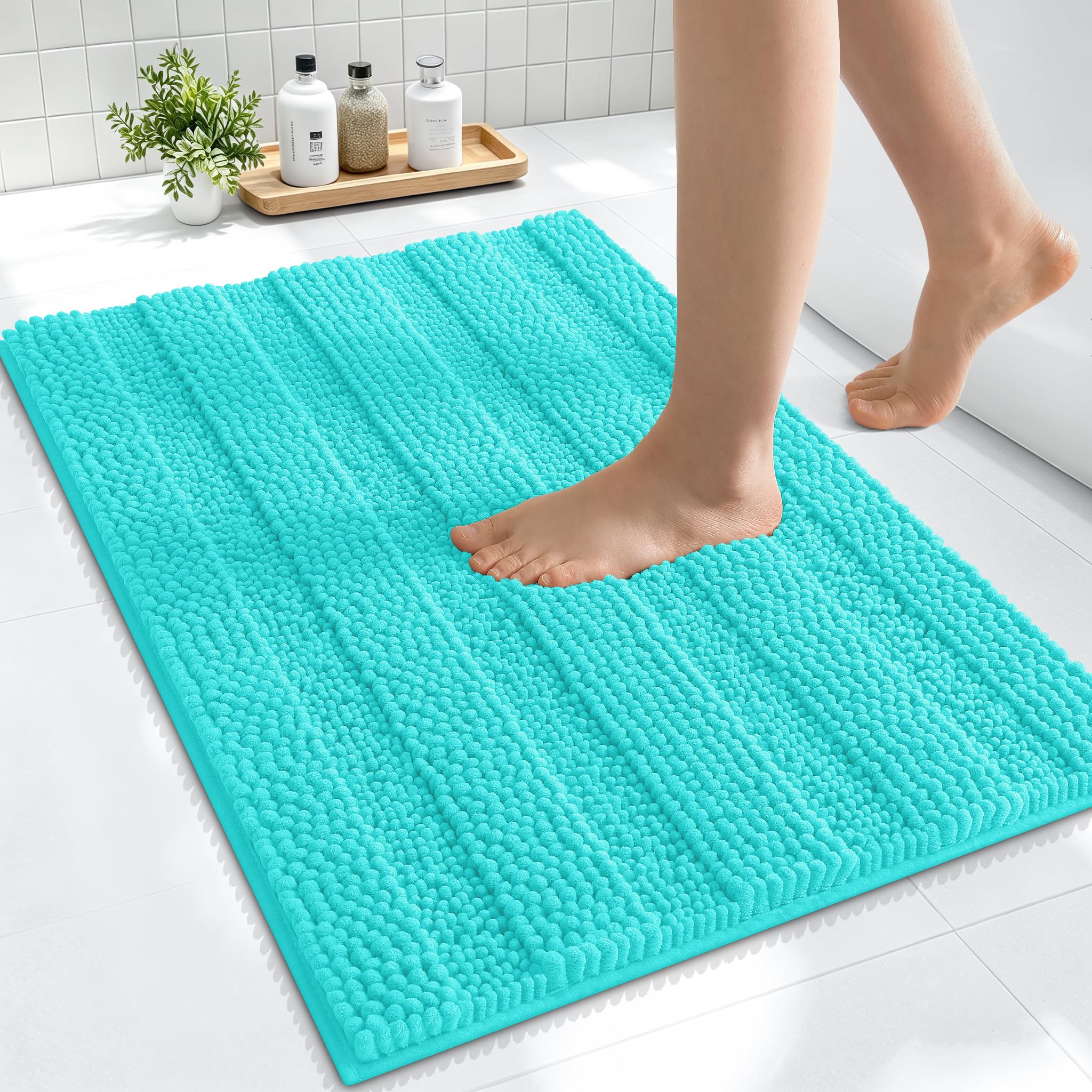 Smiry Thick Small Chenille Bathroom Rugs 24x16, Absorbent Bath Mat, Teal
