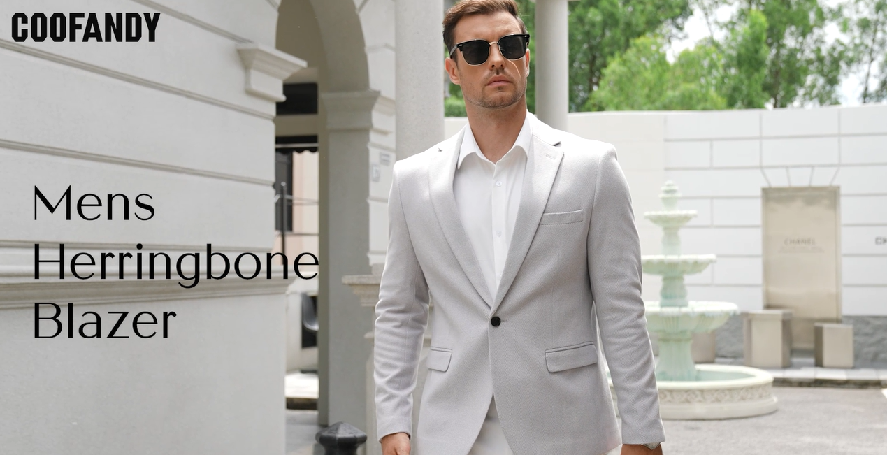 COOFANDY Men's Casual Tweed Herringbone Blazer Notched Lapel One