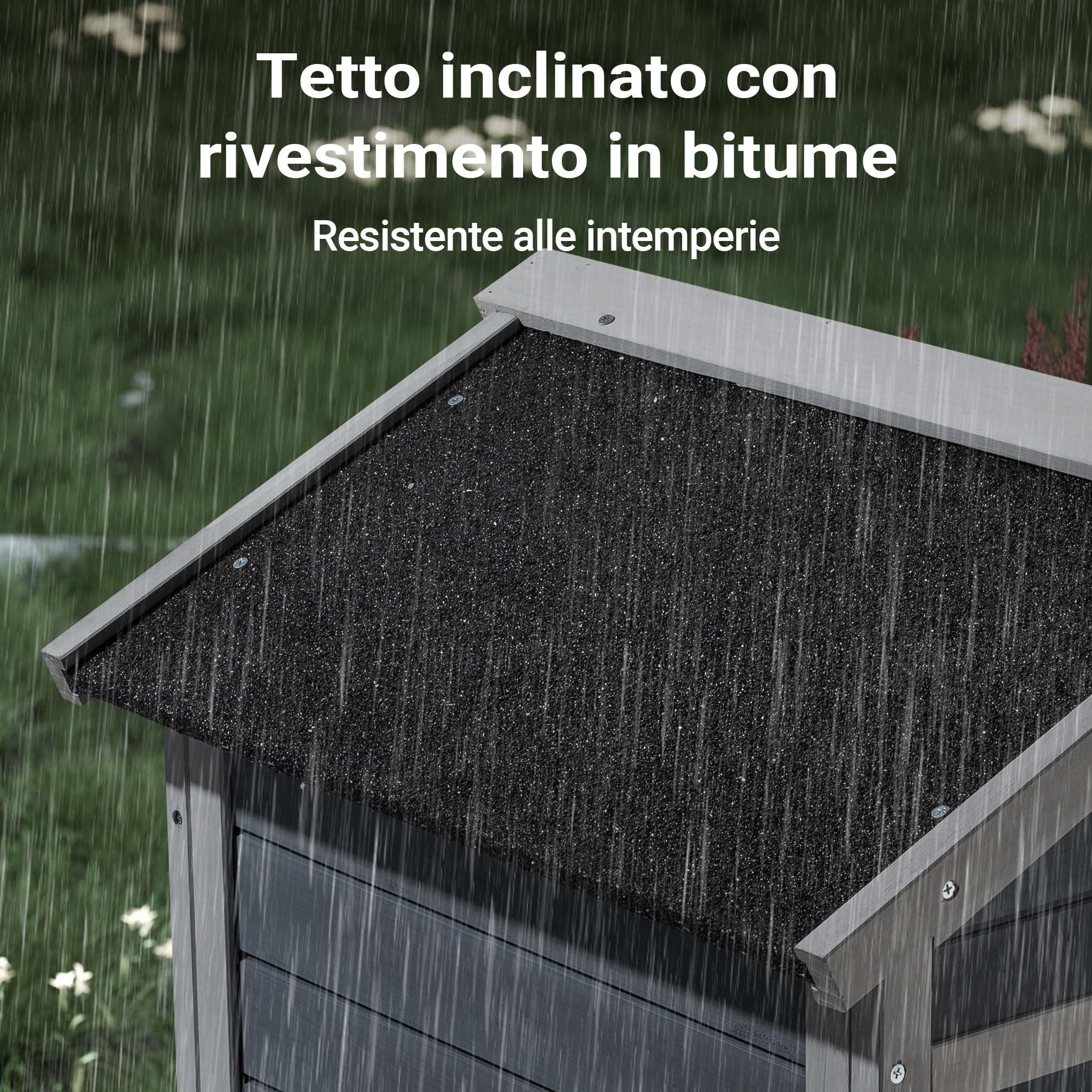 Conigliera con recinto esterno, rifugio rialzato grigio legno di abete