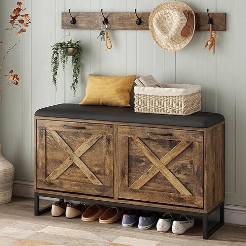 Miniatura 9 de Maupvit Banco de almacenamiento de zapatos con perchero y cojín de asiento, banco de zapatos de entrada con 2 cajones abatibles, árbol de pasillo