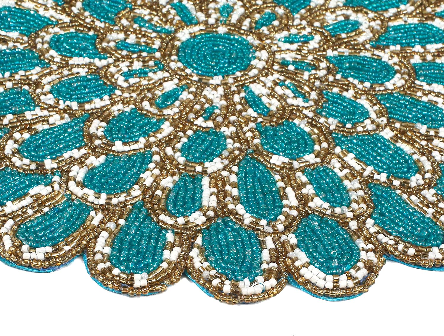Beaded Placemats - Circle Placemat Set of 2 for Dining Table Decor - 13 Inch Fancy Gold - Teal Placemats for Thanksgiving, Boho Party, Christmas Table Centerpieces - Teal/Gold